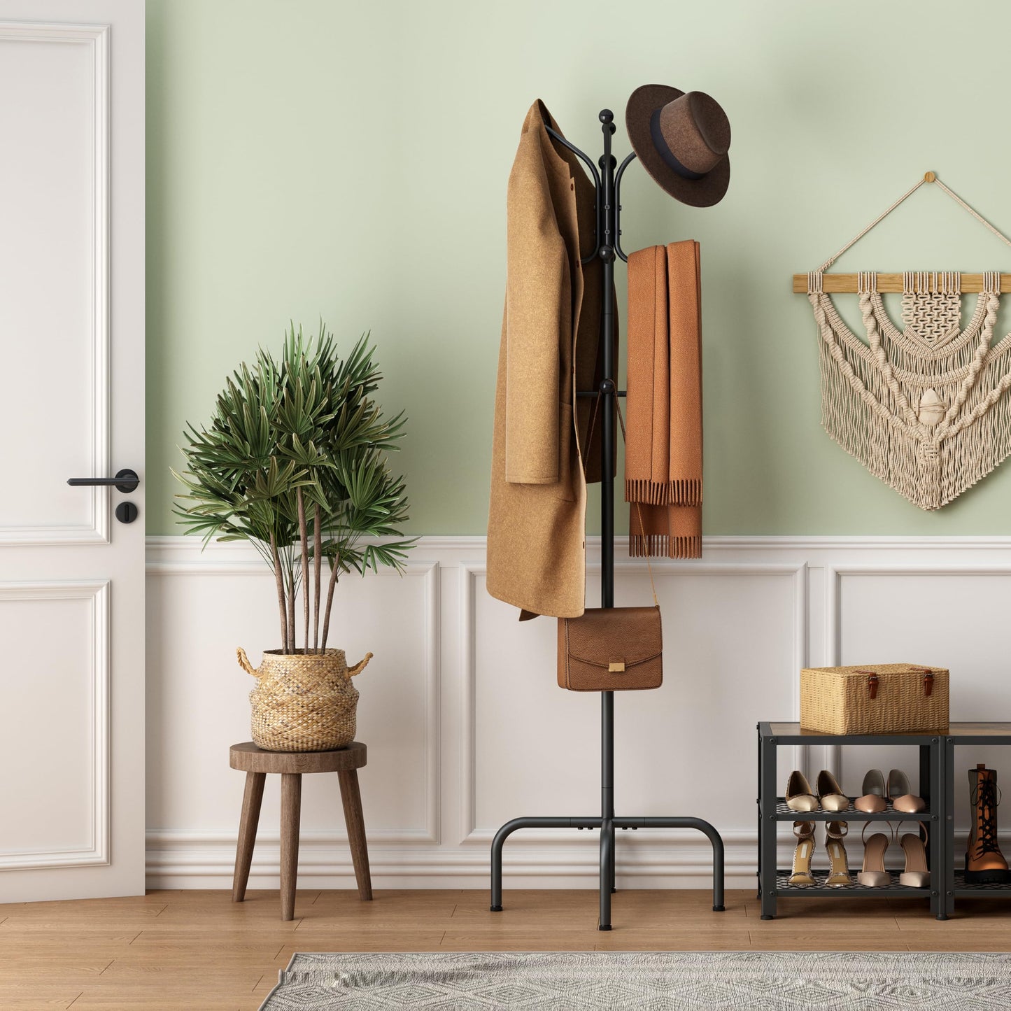 Hoctieon Entryway Coat Rack Freestanding With 12 Hooks, Metal Coat Tree Stand, Heavy Duty Floor Standing Hanger, Black