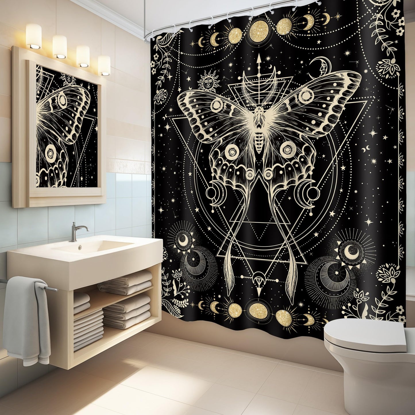LGhtyro Gold Moth Shower Curtain 60Wx71H Inch Moon Phase Shower Curtain Bathroom Set Gothic Black Butterfly Moonlit Bath Curtain Witchy Tarot