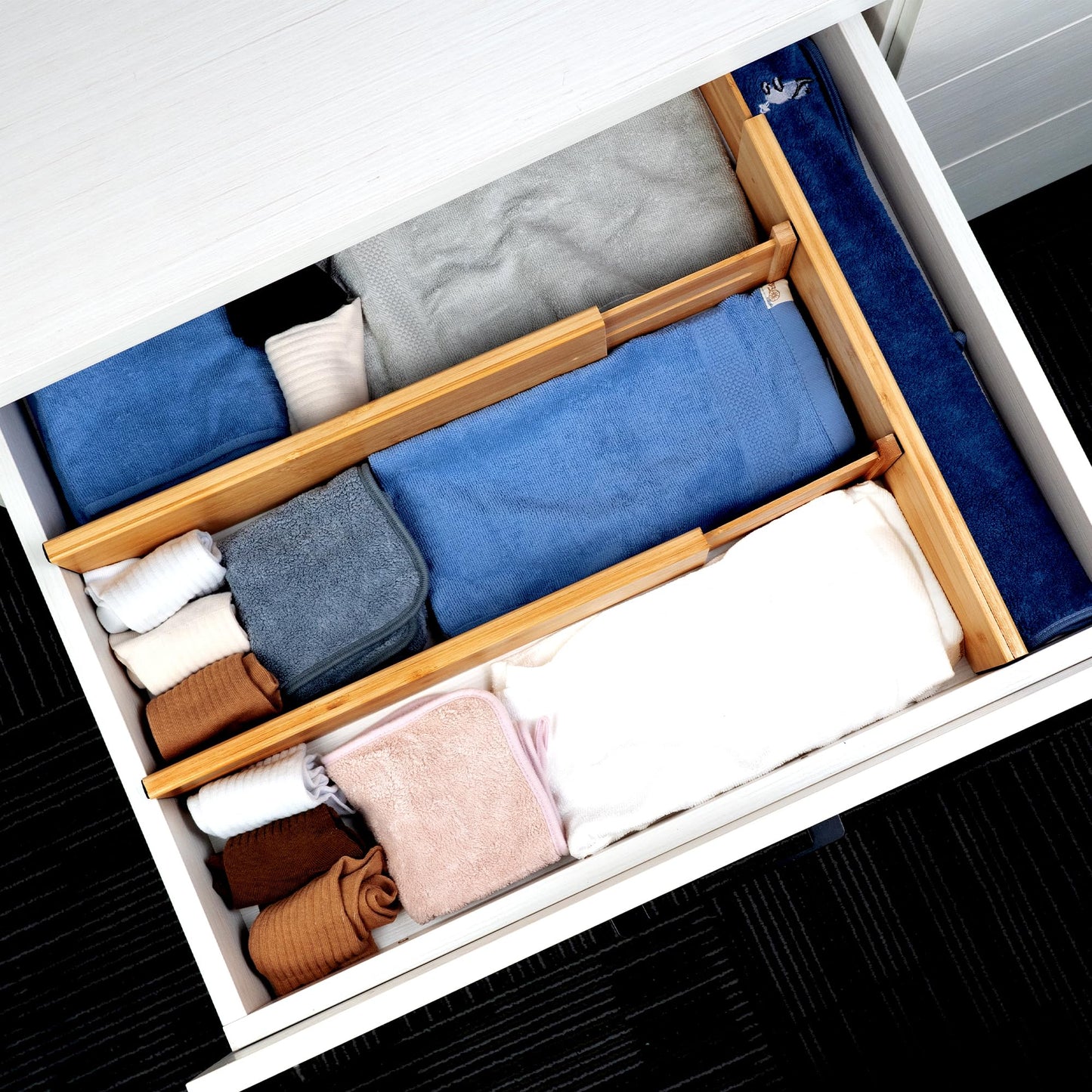 Utoplike 4 Piece Bamboo Raised and Extended Drawer Dividers, Wooden Adjustable Drawer Organiser, Spring Loaded Inserts, for Clothes, Cosmetics in