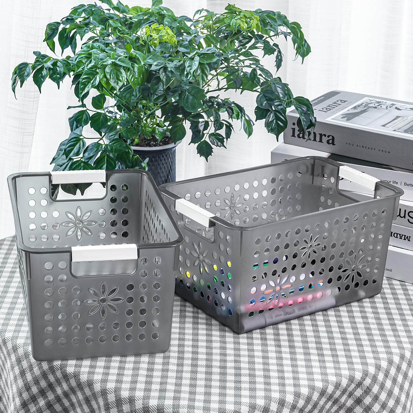 Cetomo Plastic Storage Box, Storage Baskets with Handle, Shelf Basket Organizer with Hole, Open Top Storage Bin for Home Kitchen Office, Clear Black