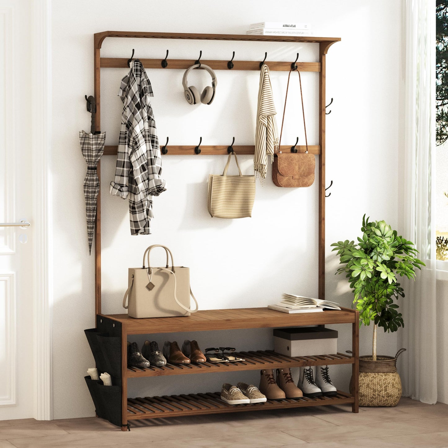 AMBIRD Coat Rack Bamboo Hall Tree Entryway Shoe Bench and Shelves, 6-in-1 Coat Stand with Storage Cloth Bags with 14 Coat Hooks