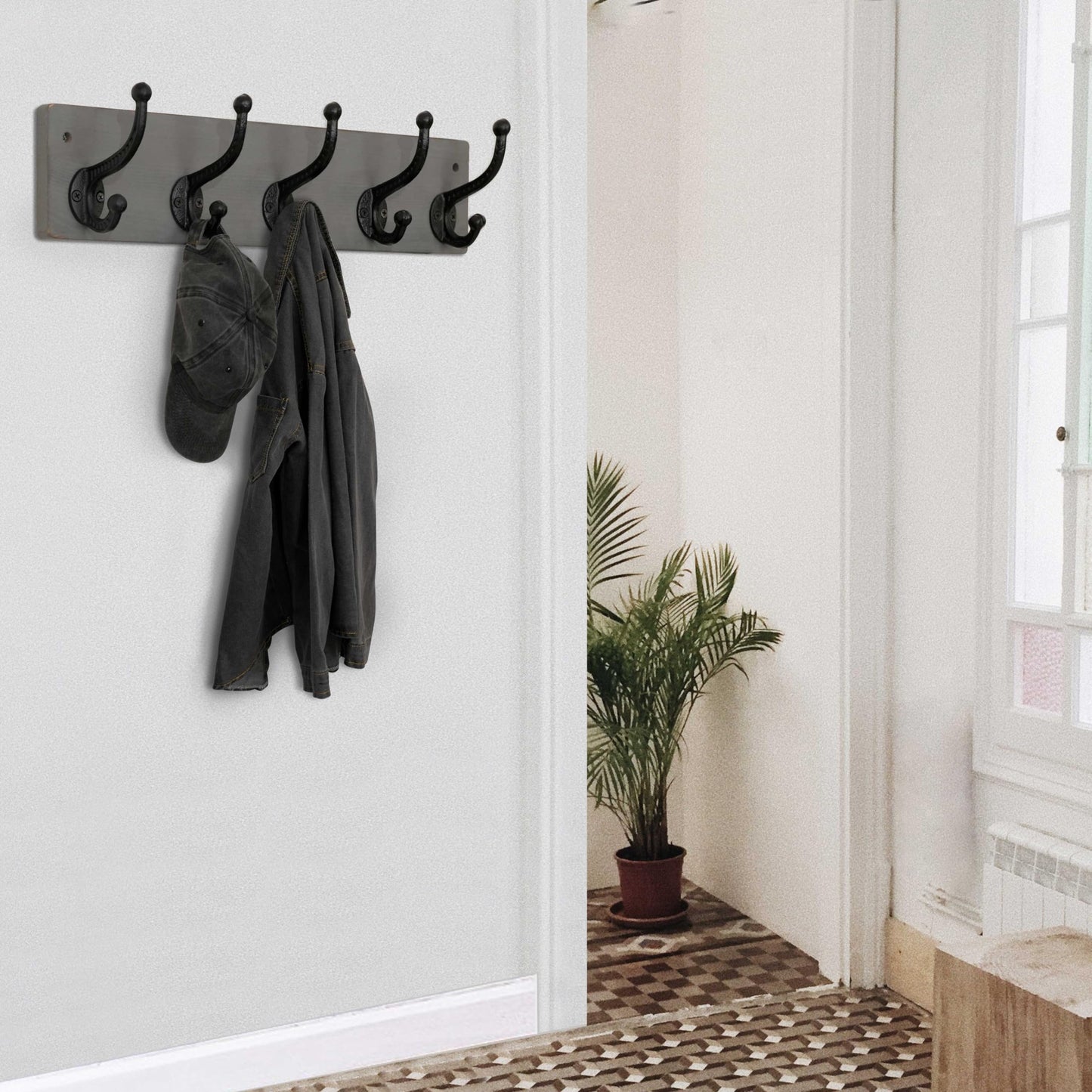 WEBI Rustic Coat Rack Wall Mount,5 Cast Iron Coat Hooks Wall Mounted,Heavy Duty Wall Coat Hanger Hooks for Hanging Coats,Clothes,Grey,2 Packs