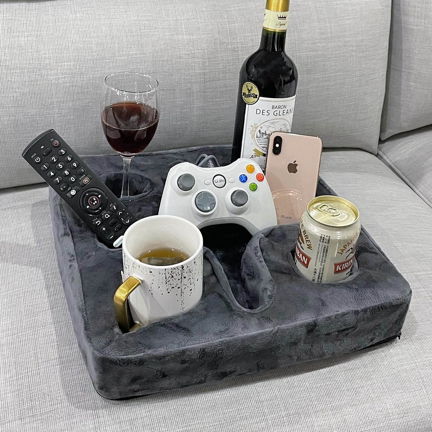Couch and Bed Cup Holder Pillow, Sofa Refreshment Tray for Drinks/Remote Control/Snacks Holder (Gray)