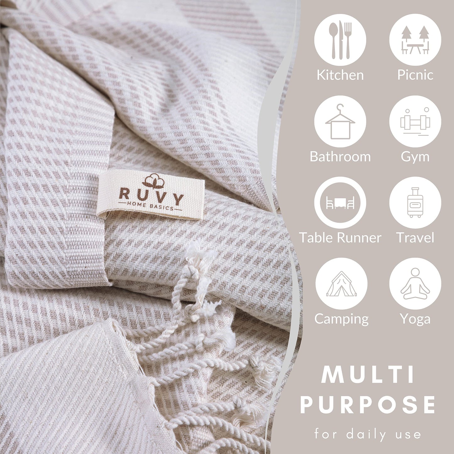 Ruvy Home Basics Turkish Hand Towels Set of 2 | 16x40 inches, 100% Turkish Cotton | Bathroom, Kitchen, Yoga, Gym, Spa, Tea, Dishcloth, Face - Beige
