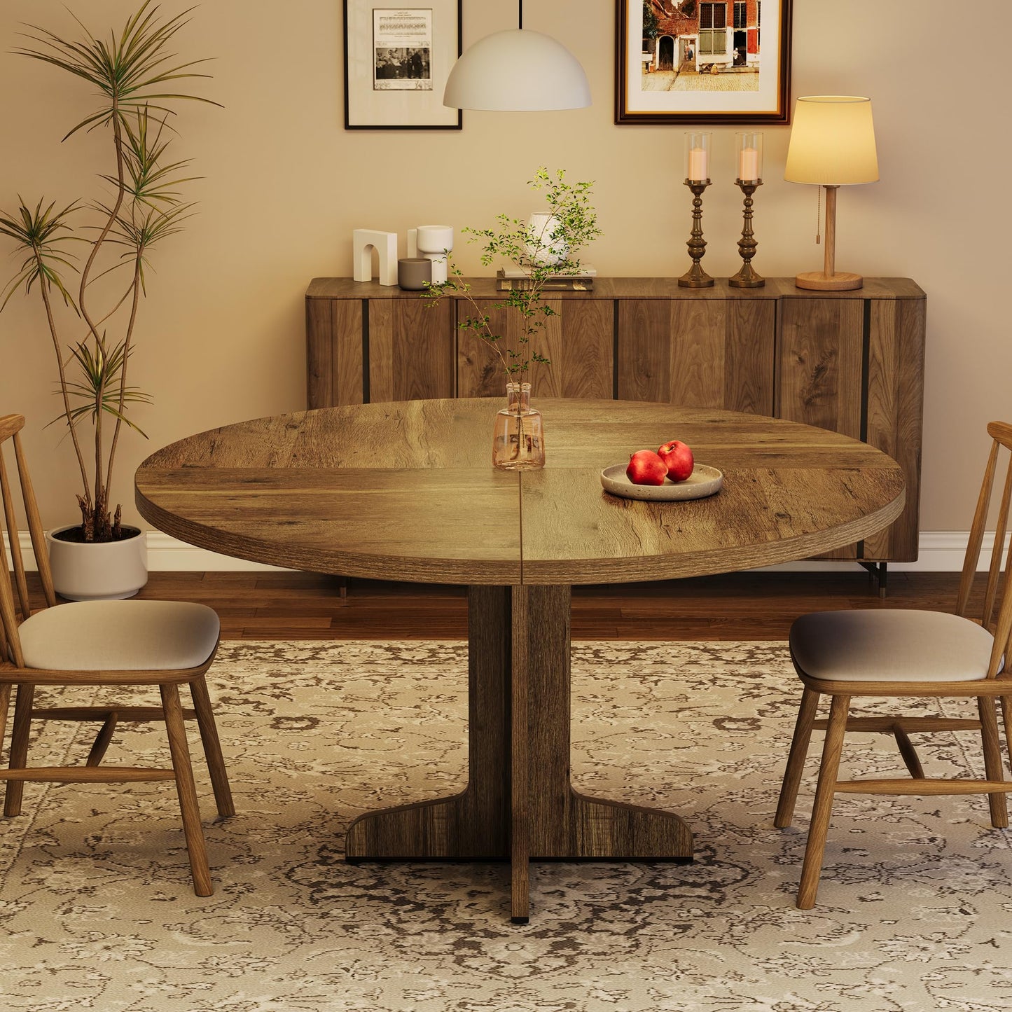 Crevyteg 47.2in Round Dining Table for 4-6 People, Farmhouse Kitchen Table with Wooden Tabletop and Legs