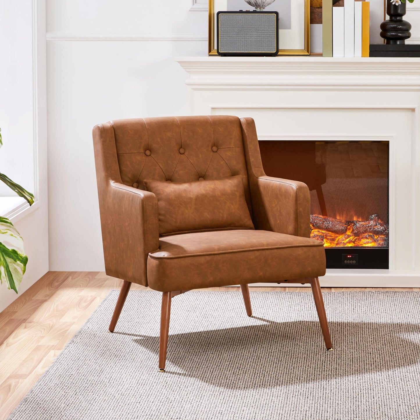 Yaheetech PU Leather Armchair, Tub Chair with Lumbar Pillow, Retro Brown