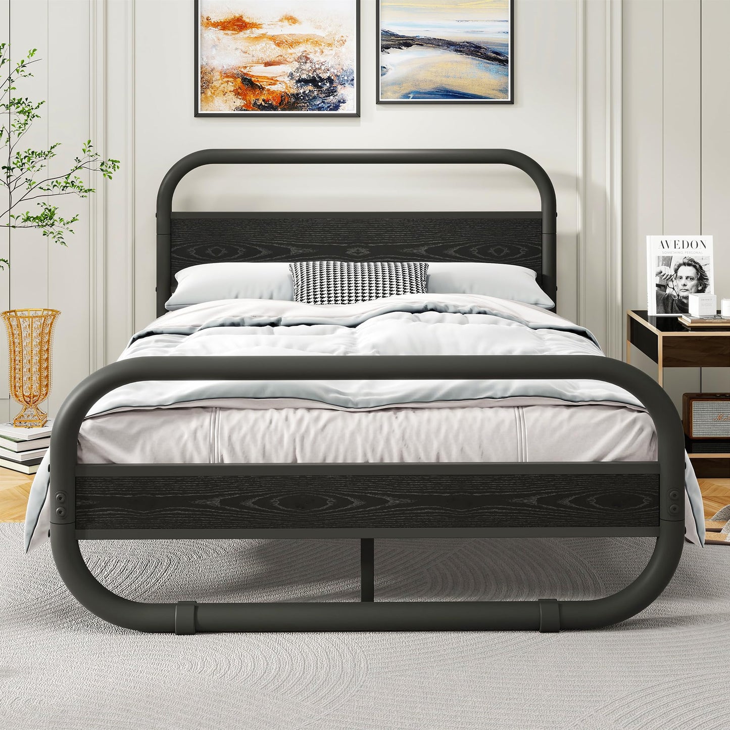 HOMERECOMMEND King Size Bed Frame with Headboard,150x200 Oval-Shaped Platform Bed Frame with Under-Bed Storage,Steel Slats Mattress Foundation Round