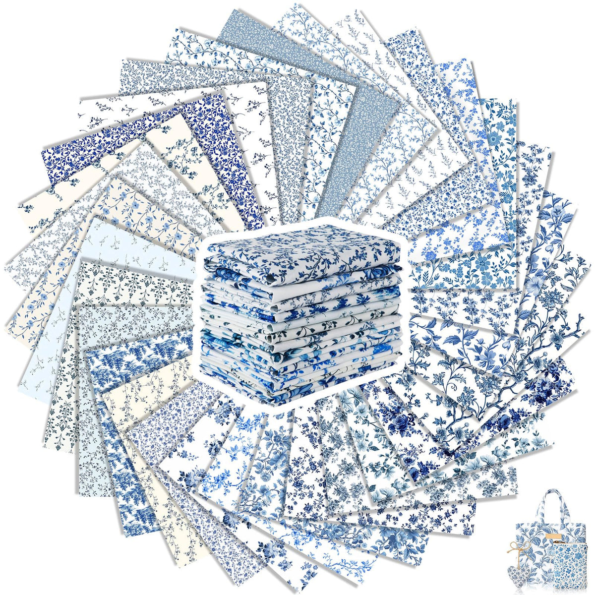 Tatuo 30 Pcs 10 x 10 Inches Blue and White Floral Cotton Fabric Quilting Bundle Squares Patchwork Floral Fabric Sewing Quilting Bundles Assorted