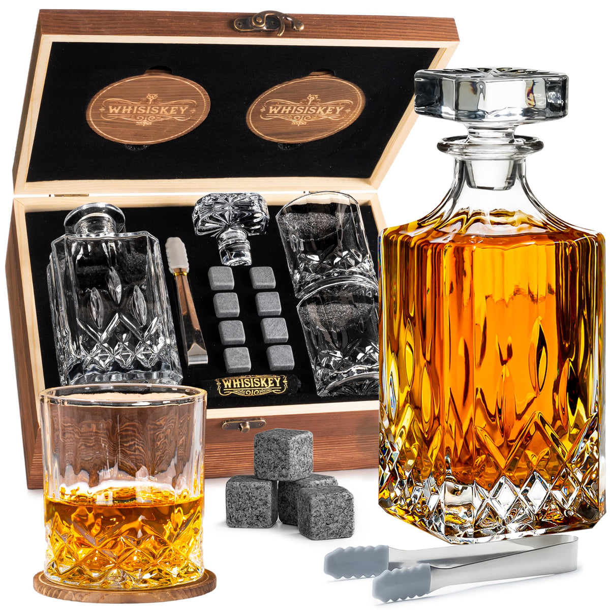 WHISISKEY - Whiskey Decanter Set - 700ML Classic Carafe - Whiskey Gift Sets for Men - Whisky Set - Glass Gifts for Men - Inc. 2 Whiskey Glasses, 8