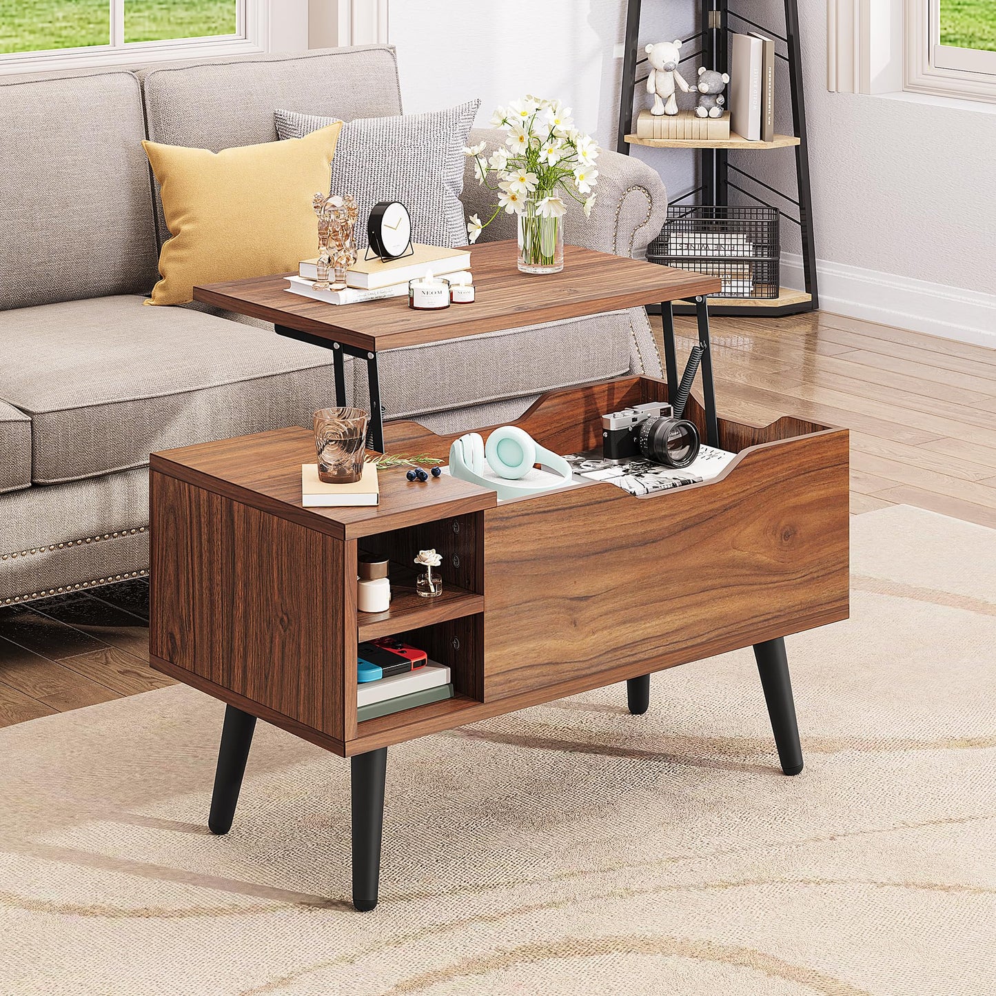 YITAHOME Lift Top Coffee Table with Hidden Compartment, Adjustable Storage Shelf, Spring Lifter, Coffee Table with Storage for Living Room