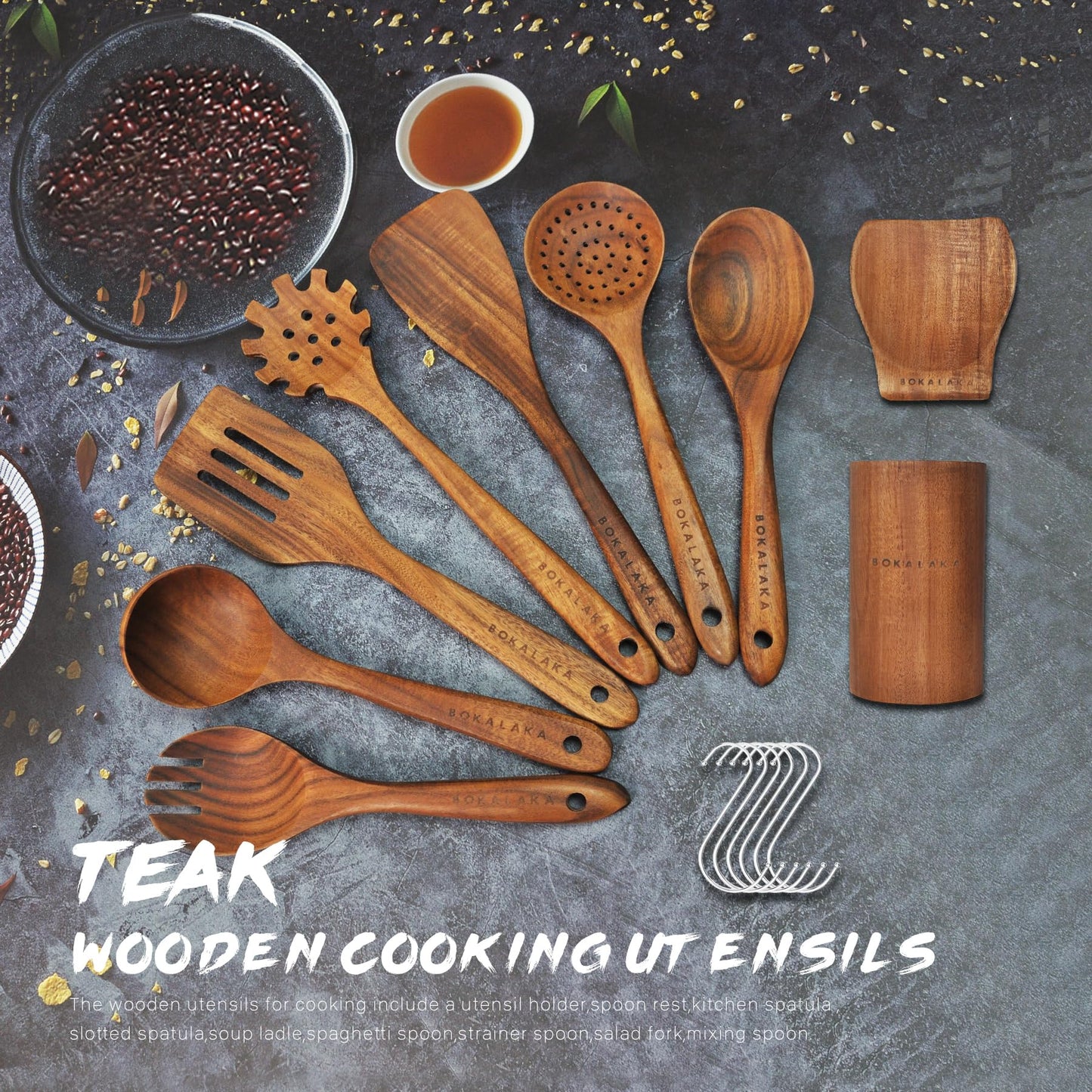 Wooden Spoons for Cooking, 9Pcs Wooden Utensils for Cooking,Wooden Cooking Utensils with Comfort Grip,Teak Wooden Kitchen Utensil Set with Utensils