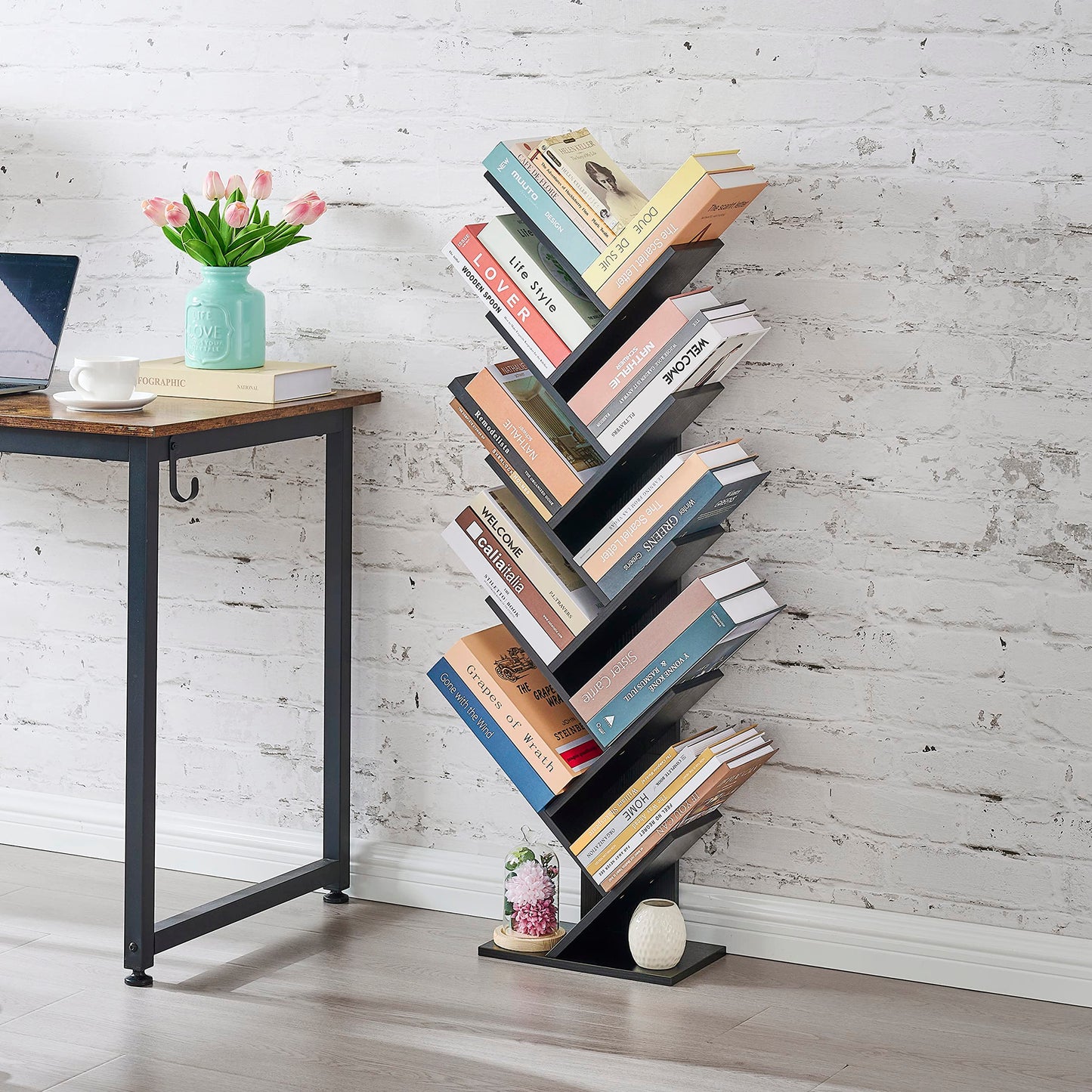 Hoctieon 10 Tier Tree Bookshelf, 10 Shelf Bookcase, Free Standing Tree Bookcase, Display Floor Standing Shelf for Books