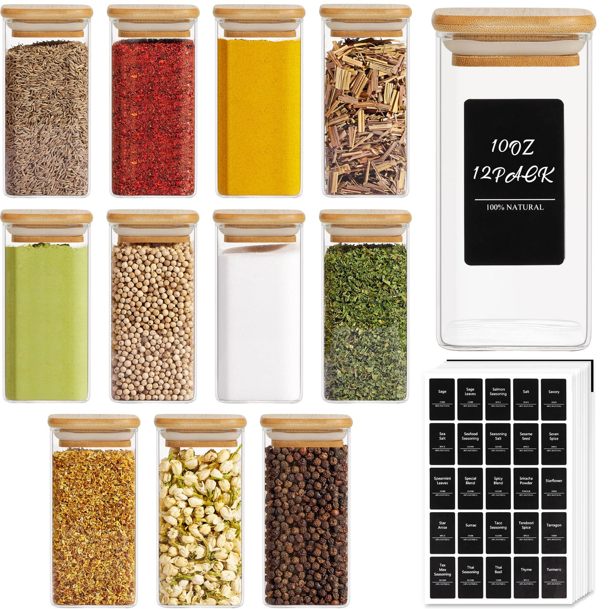 ComSaf 12Pcs Glass Spice Jars with Bamboo Lid, 10oz Airtight Square Containers with 275 Black Lables, Empty Seasoning Jars for Spice Salt Sugar