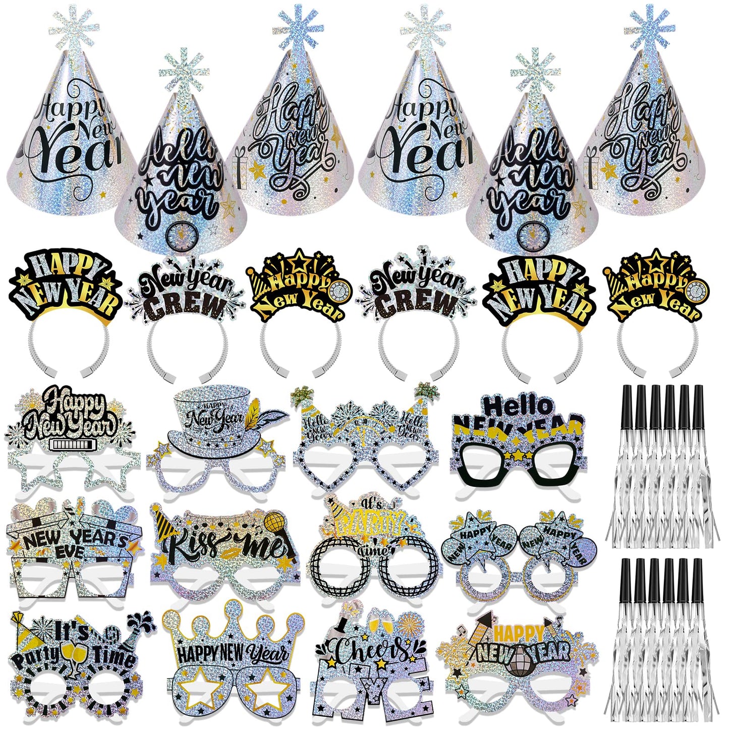HOWAF Glitter New Years Eve Decorations 2026 Accessories, Happy New Year Headband, Party Hats, Glasses, Blowers for NYE Party Decorations 2026,