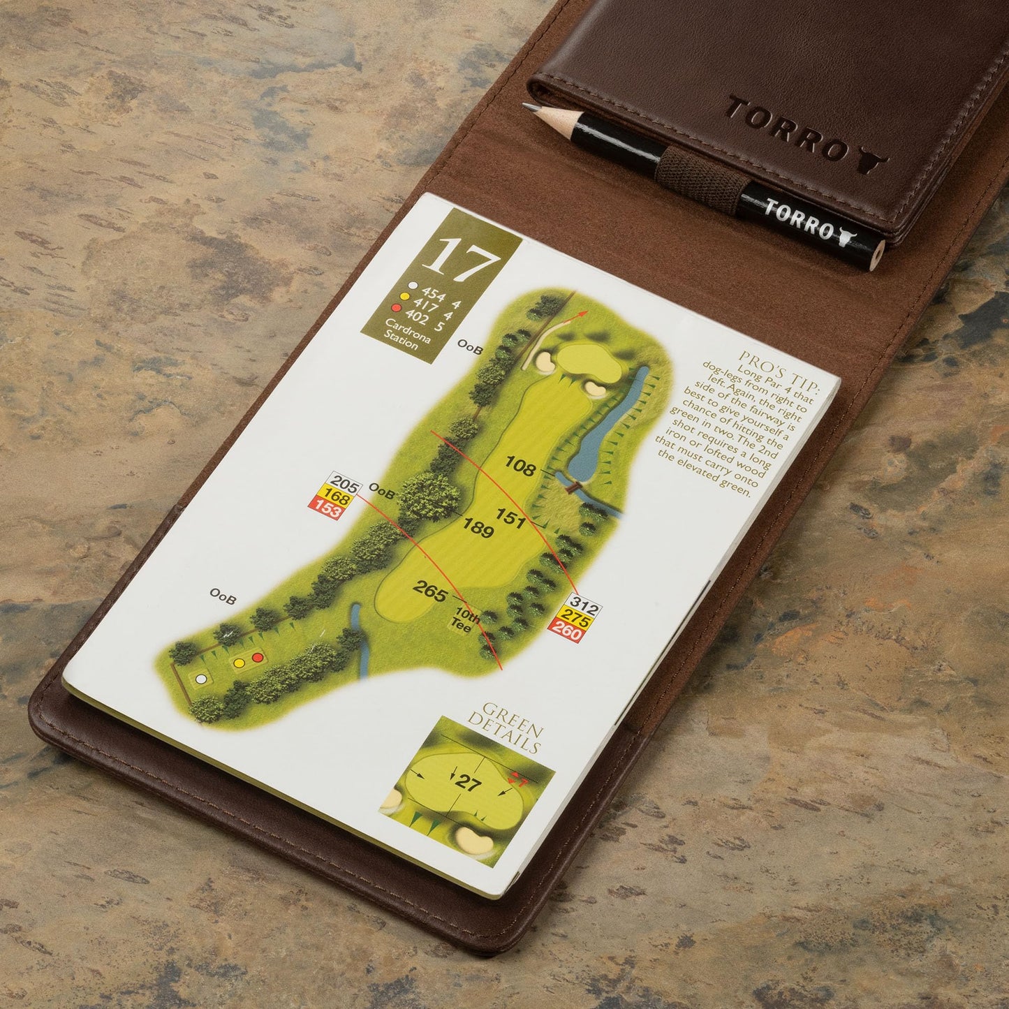 TORRO Golf Scorecard and Yardage Book Holder ? Genuine Leather Golf Score Card and Yardage Wallet with Pencil Loop (Dark Brown)