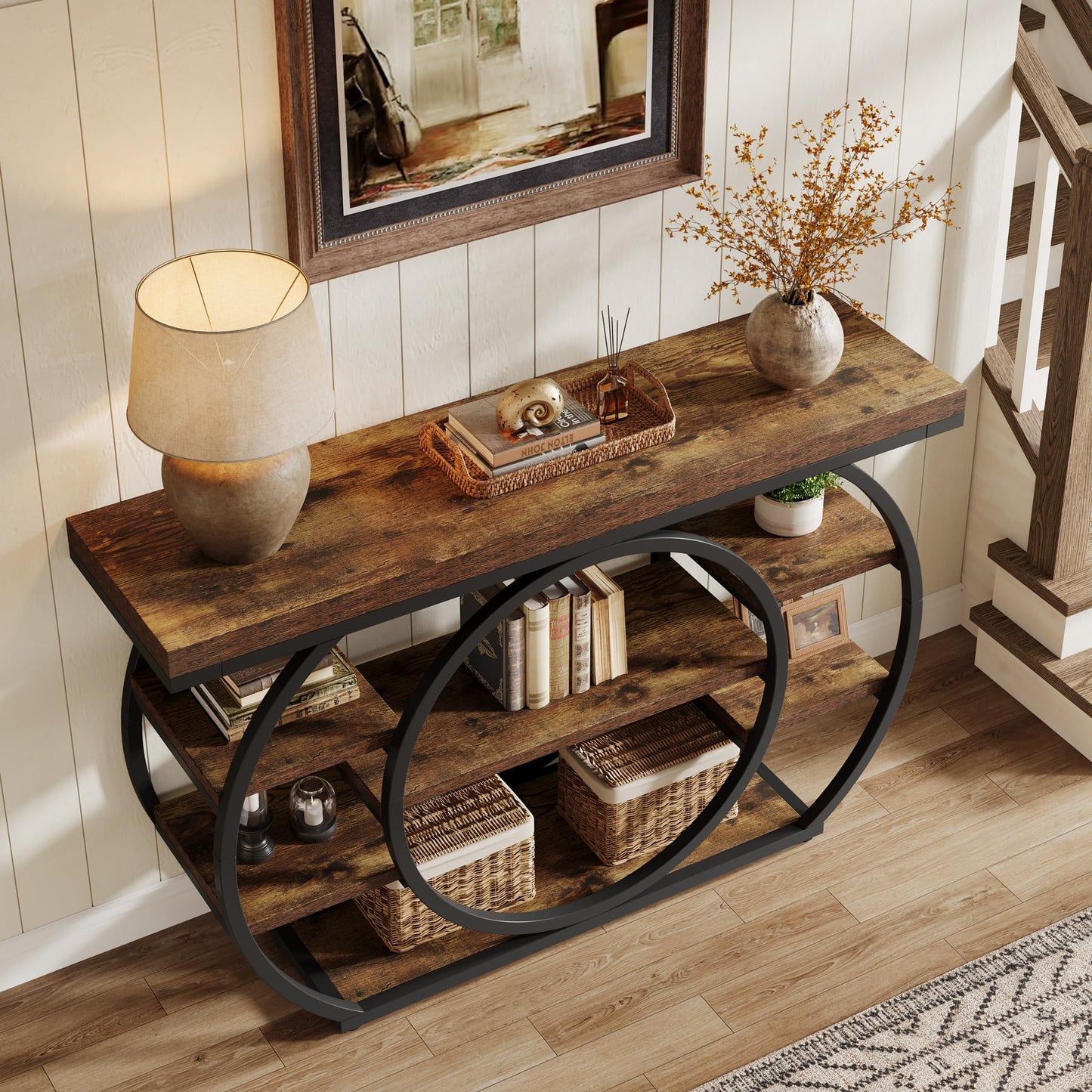 Tribesigns Circle Base Console Table | Narrow Entryway Table 120x30x80cm | 4-Tier Storage Shelf | Industrial Farmhouse Hallway Sofa Table,Rustic