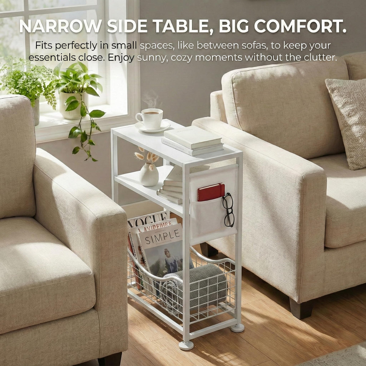ZEXVIDA Narrow Side Table, 3-Tier Slim End Table with Magazine Holder and Fabric Storage