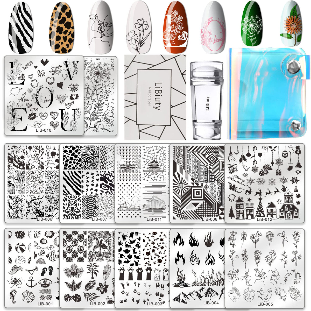 JEEWHEET 12pcs Nail Stamping Templates Plate 1 Scraper 1 Silicone Mail Stamper 1 Transparent Laser Storage Bag, Stamping Plates for Nail Art, Summer