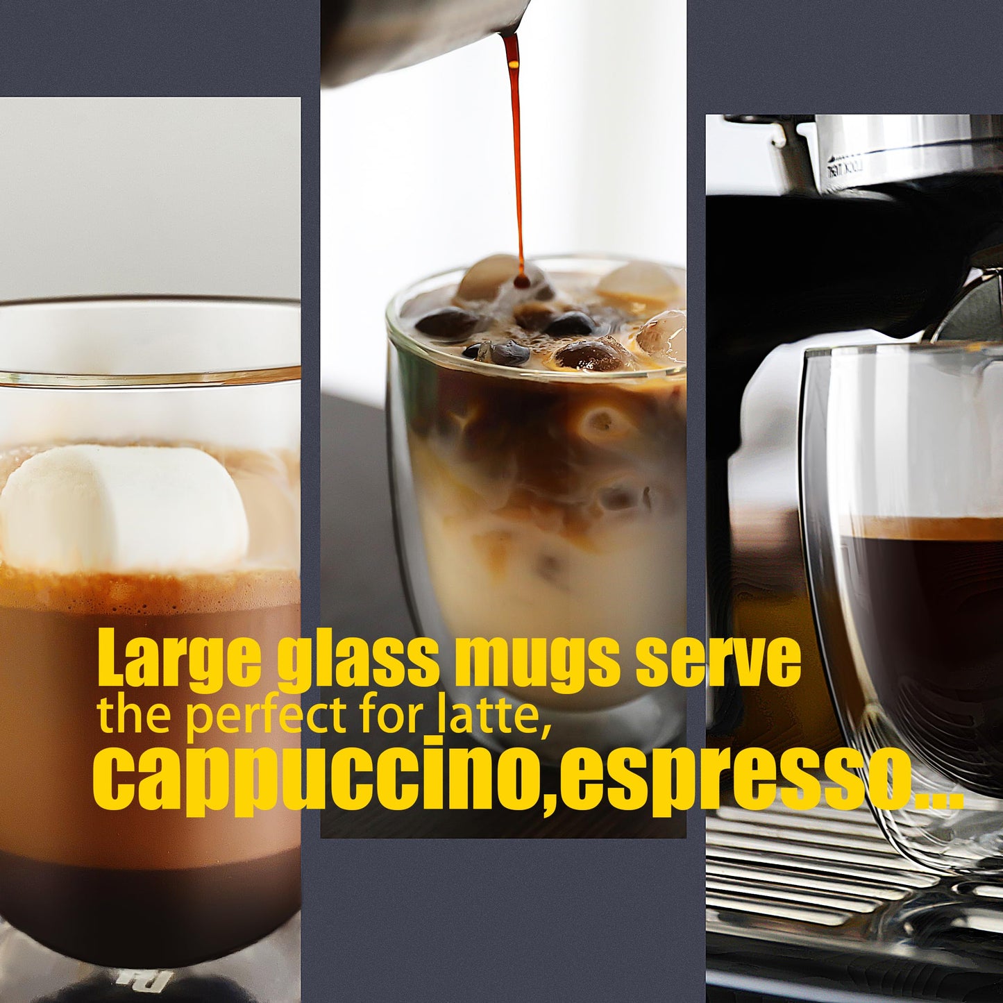 PunPun Large Coffee Cup Set of 4, Glass Mugs for Hot Beverages & Iced Coffee, Double Wall Glass Coffee Mugs
