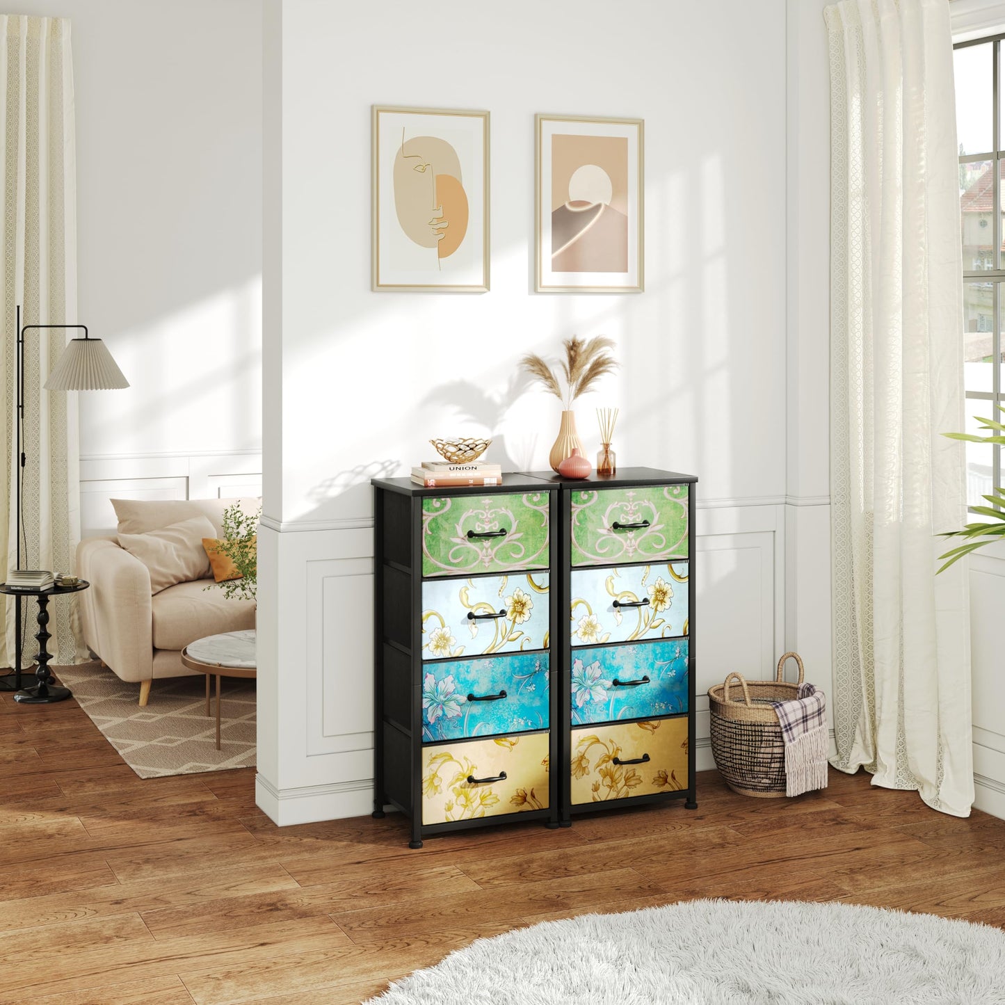 CAIYUN Chest of Drawers Bedroom with 4 Drawers and Flower Printing, Small Fabric Dressers, Dresser for Entryway Hallway Living Room, Closet Storage