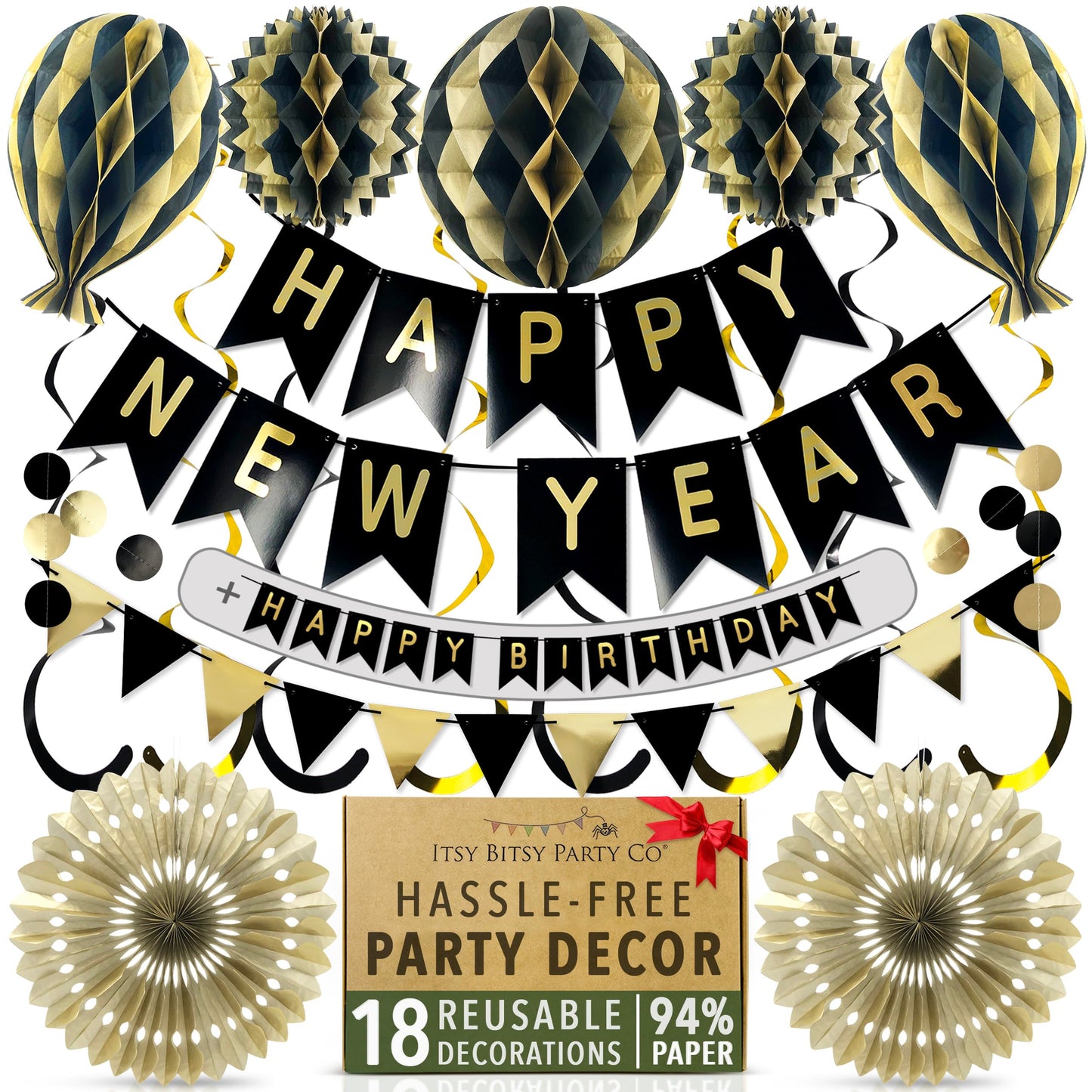 Premium Reusable New Years Eve Decorations 2026 - Multi-occasion Happy New Year Banner also spells Happy Birthday, Fast Assembly with Velcro - NYE