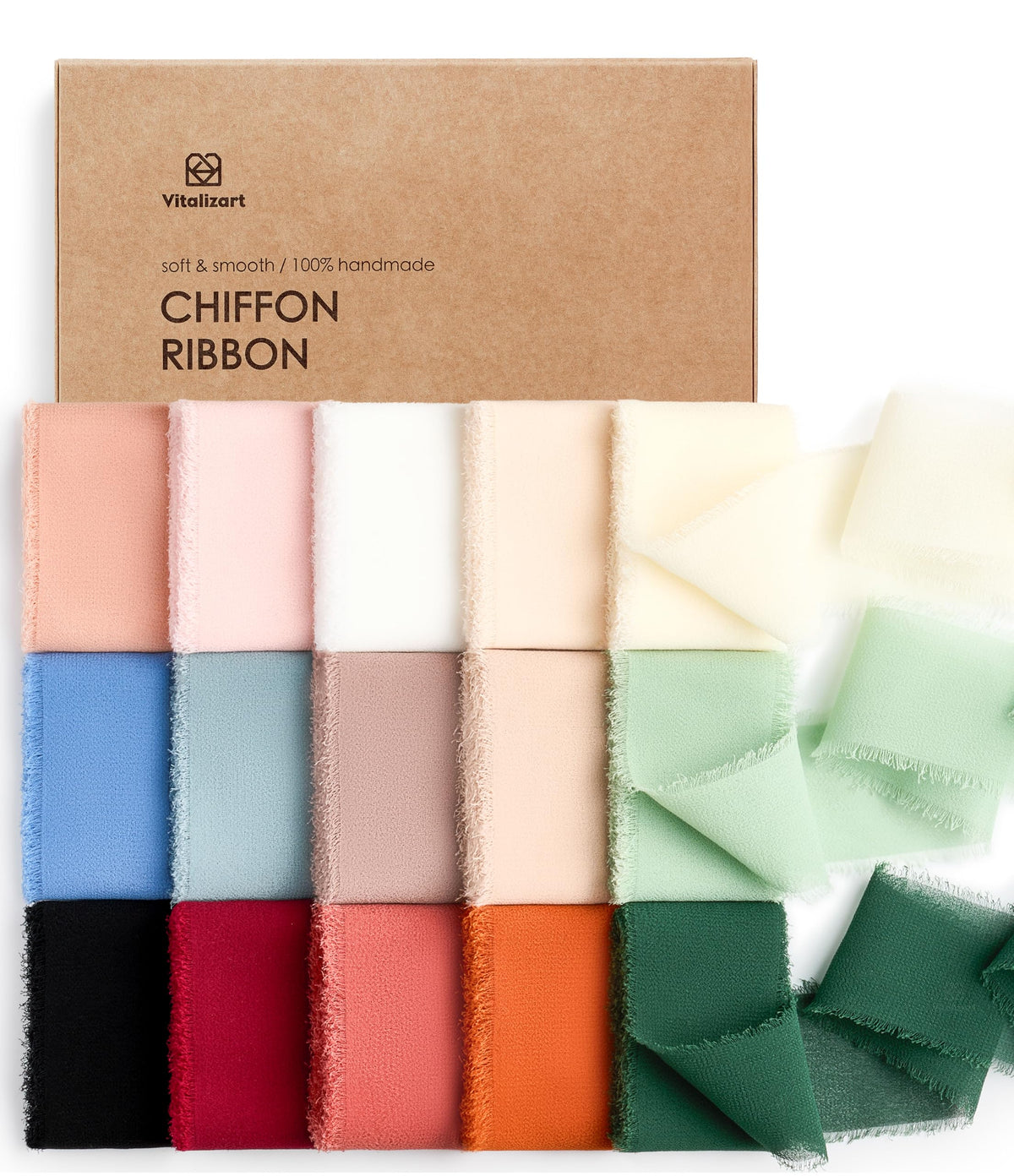 Vitalizart 15 Colours Chiffon Ribbon 1.5'' x 30 Yd, Fabric Silky Ribbons 15 Rolls x 2 Yd, Handmade Fringe for Wedding Invitation, Bridal Bouquet, Gift