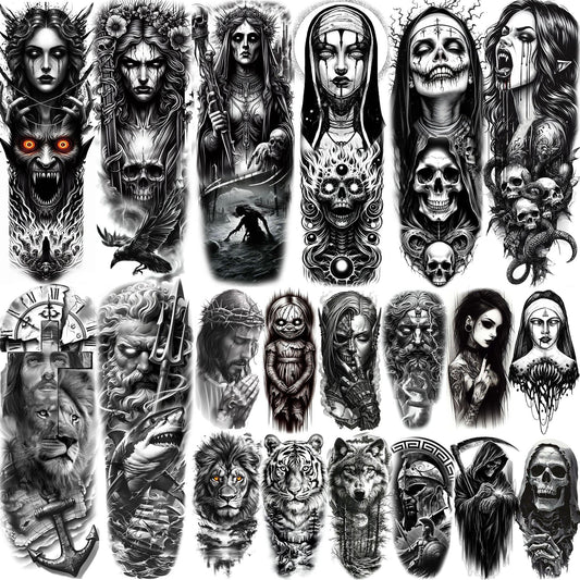 20 Sheets Gothic Full Arm Sleeve Temporary Tattoos For Men Adults Thigh, Temp Nun Girl Skull Skeleton Zeus God Jesus Christ Fake Tattoo Sleeve For