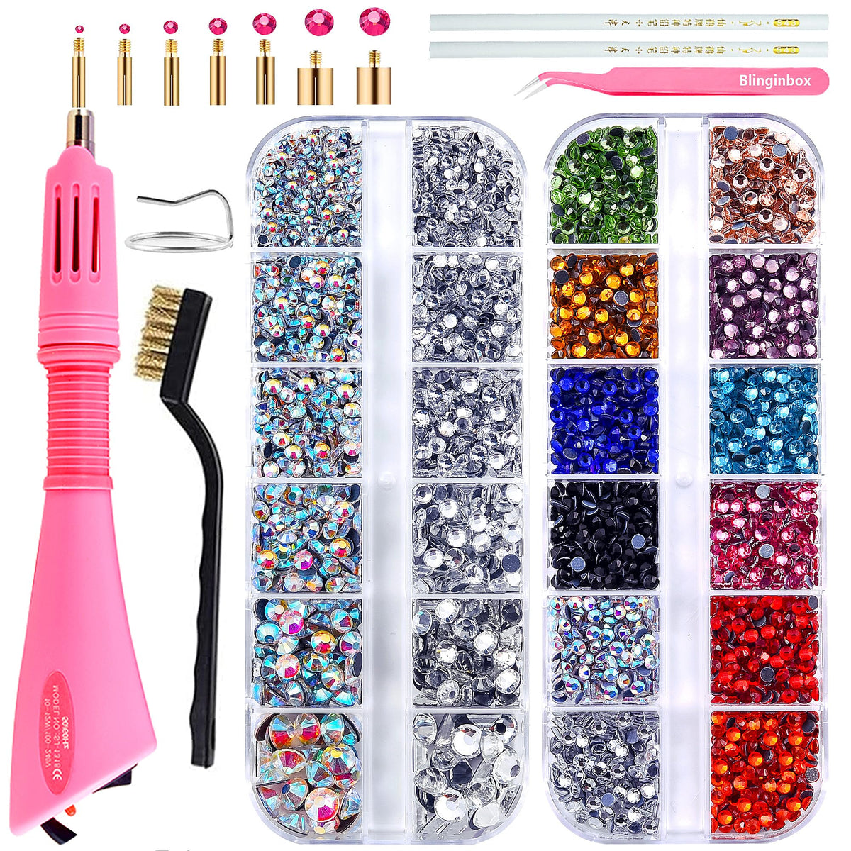 BLINGINBOX Hotfix Applicator Tool 2 Boxes of 4000 pcs Rhinestone with Flat Back Gems Round Hotfix Rhinestone for Clothes and Shoes