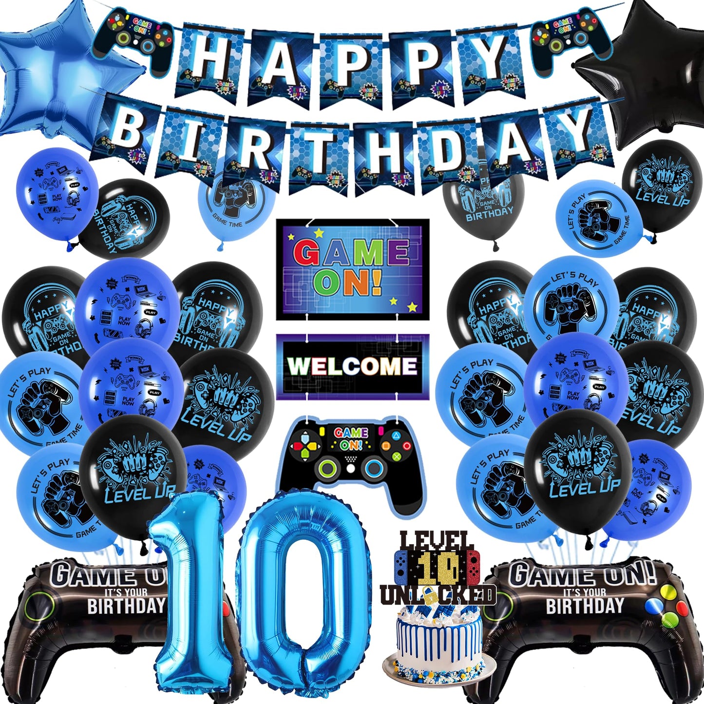 10th Birthday Banner Decorations Kids - Blue Double digits Gaming Party Decor Set with Controller Foil Balloons, Happy Birthday Banners Balloon Cake