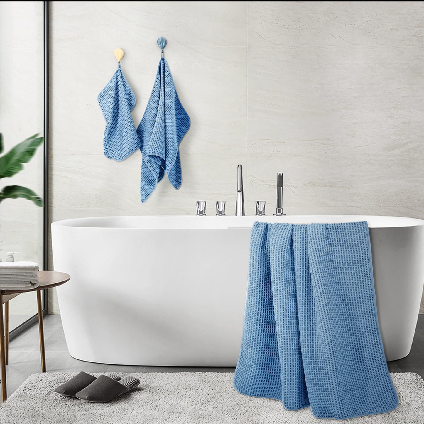 POLYTE Microfibre Oversize, 76 x 152 cm, Quick Dry Lint Free Bath Towel Set, 6 Piece (Blue, Waffle Weave)