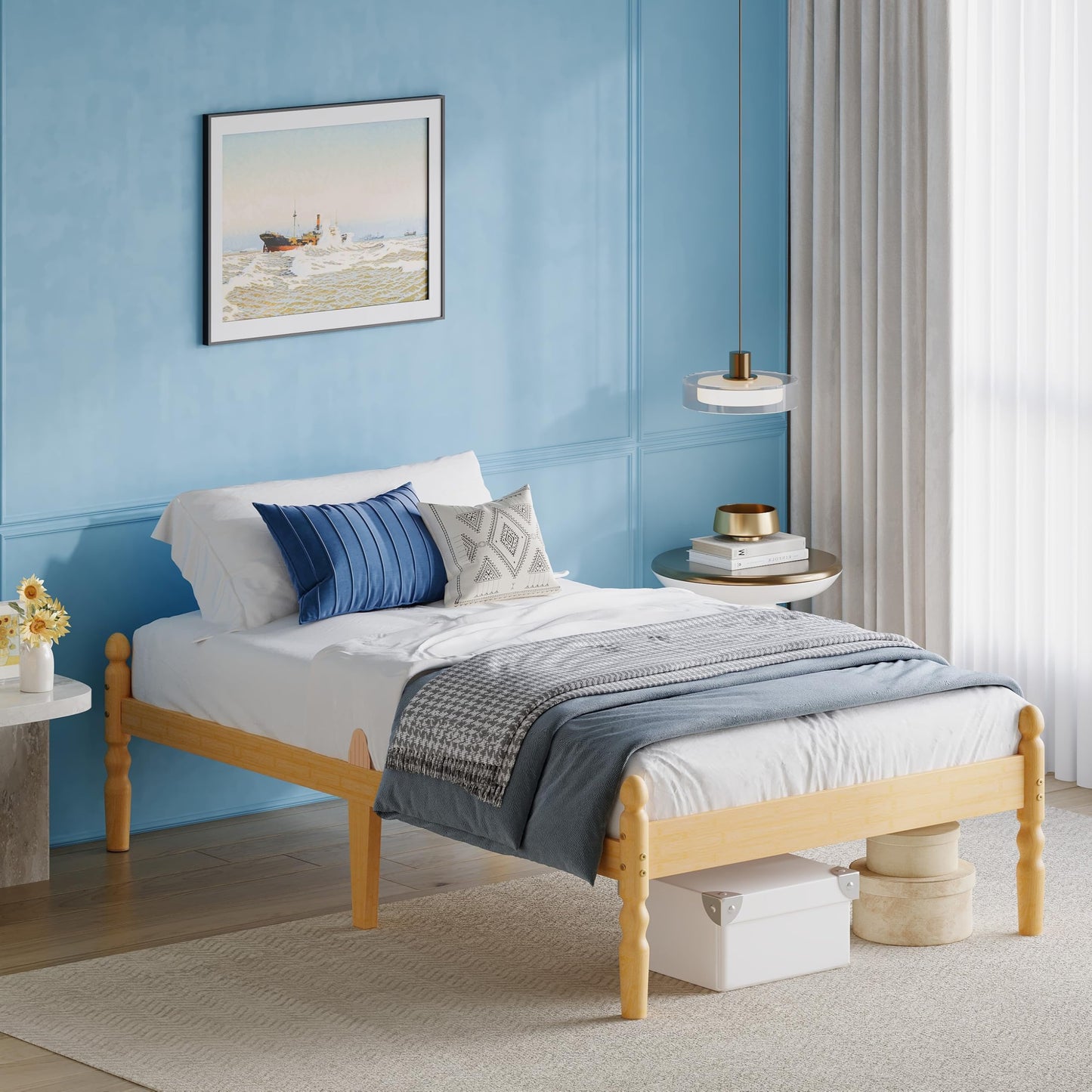 Hunlostten Solid Wood Single Bed Frame | Eco-Friendly Bamboo Wood Bed Platform, Slatted Base Breathable wooden Bed