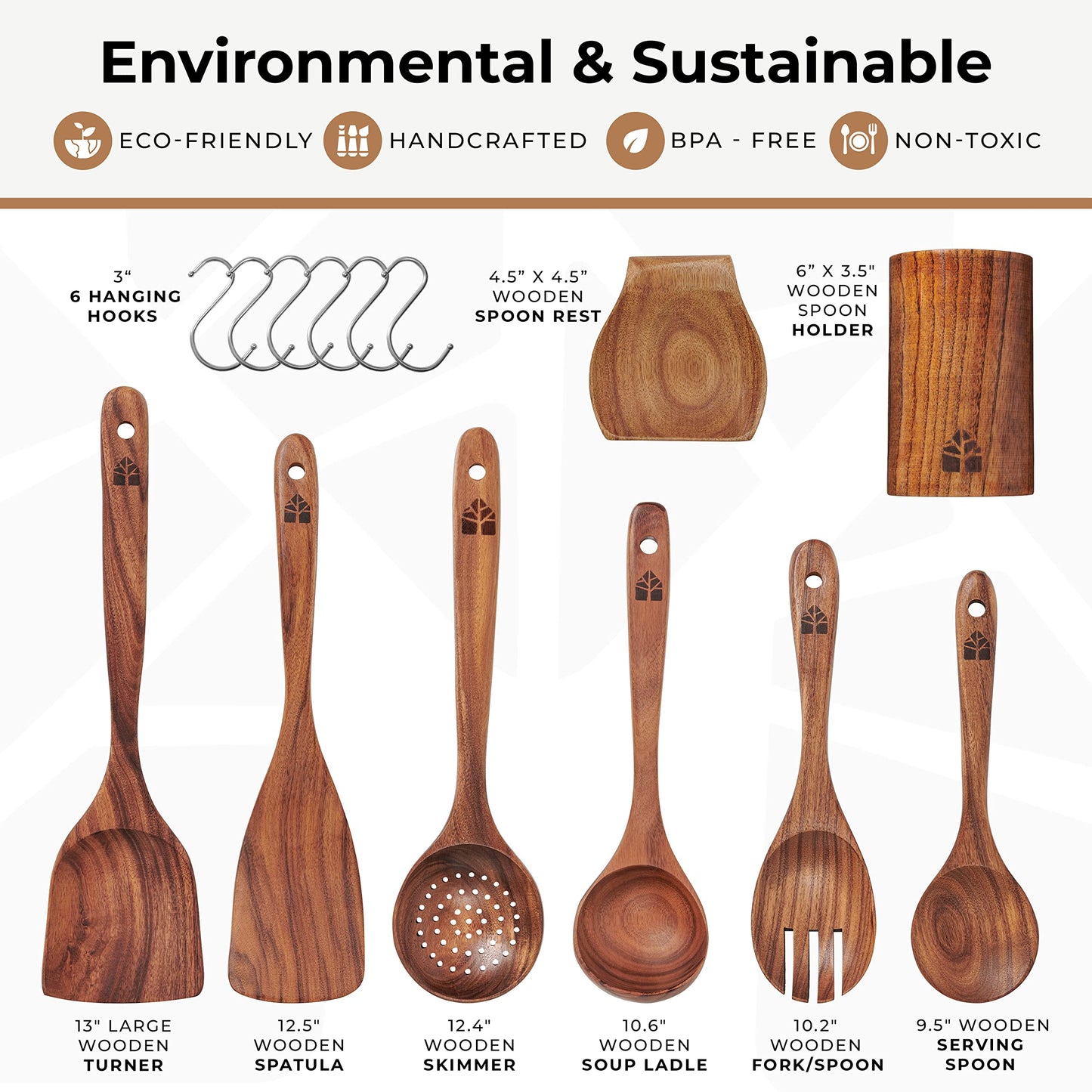 Wooden Spoons for Cooking  Wooden Utensils for Cooking Set with Holder, Spoon Rest & Hanging Hooks, Teak Wood Nonstick Kitchen Cookware  Durable Set