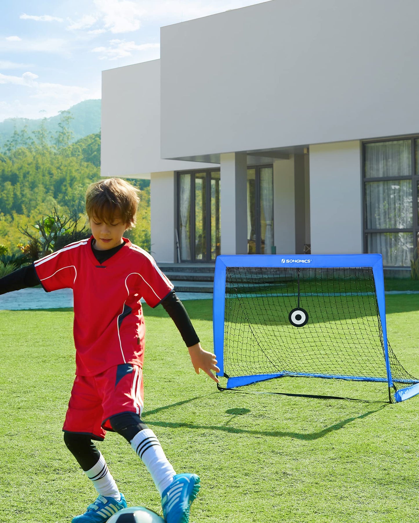 SONGMICS Football Goal Set of 2, Portable Football Nets with Targets and Training Cones, Blue SZQ422Q01