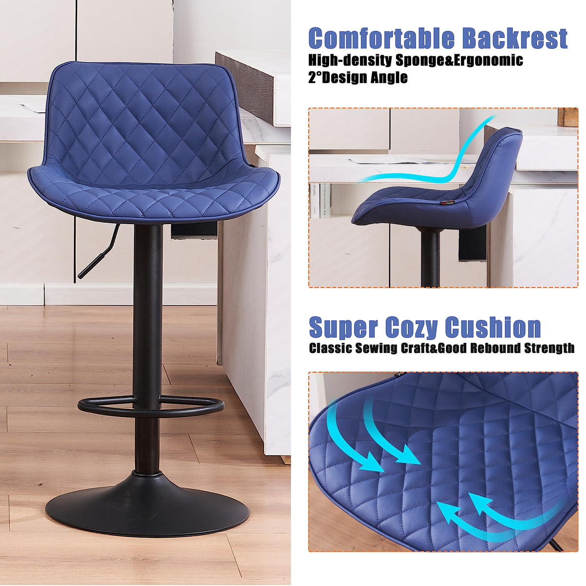YOUTASTE Bar Stools Set of 2, Adjustable Height, PU Leather Padded Swivel Stools with Backrest, Gas Lift for Kitchen Island, Counter, Purple