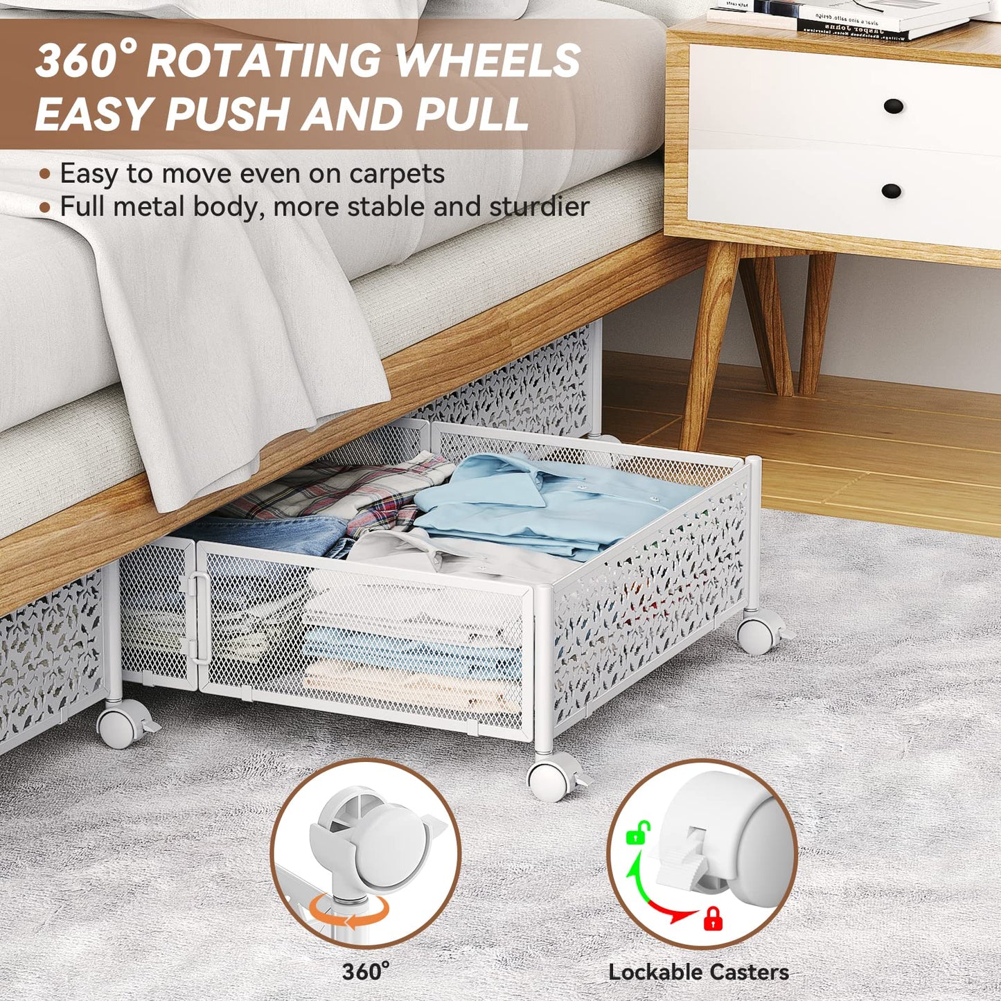 PHINOX Under Bed Storage Box on Wheels, Metal, White, 2 Pack