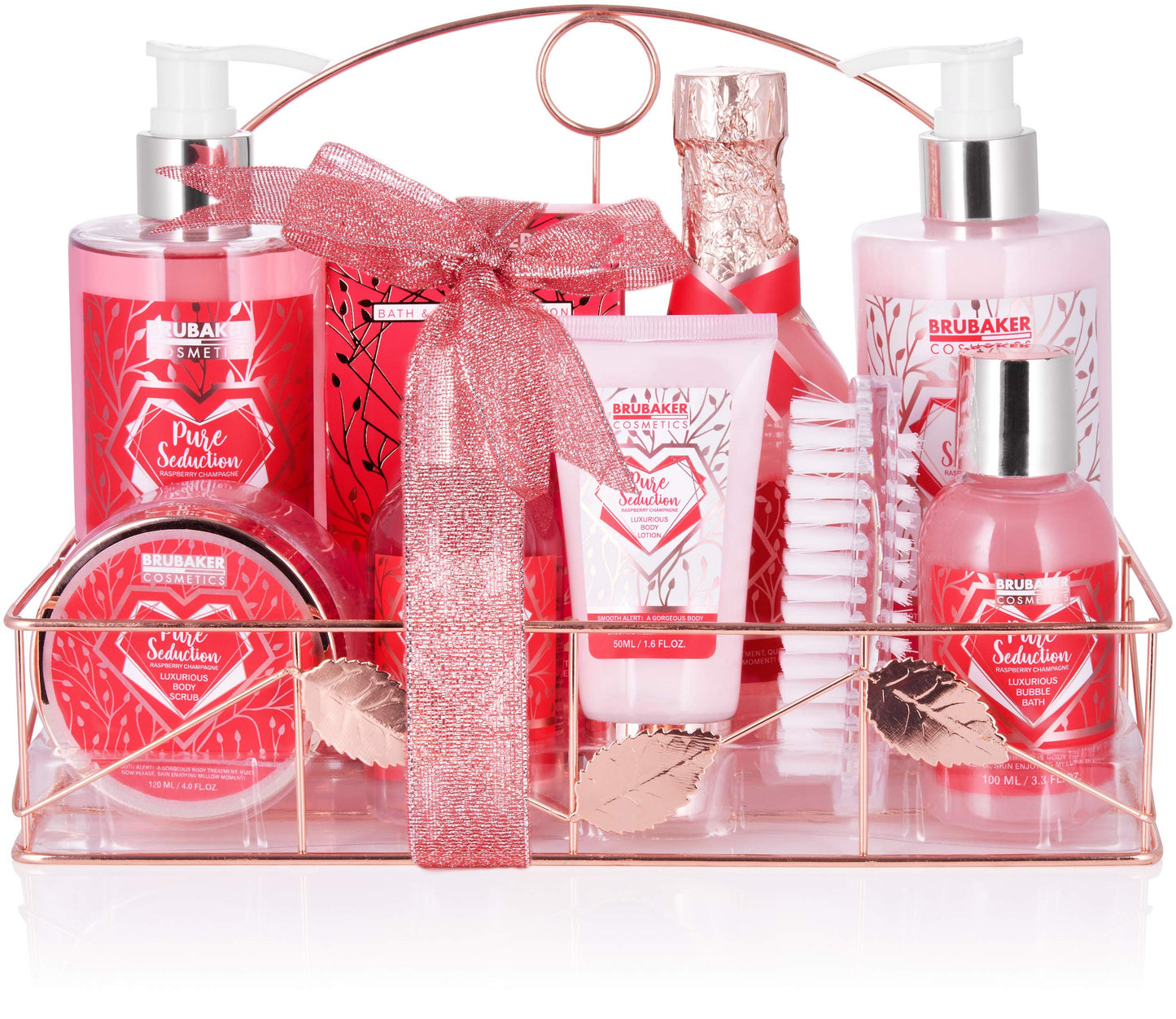 BRUBAKER Cosmetics 10-Pcs. Bath and Shower Set Raspberry Champagne - Care Set Gift Set in Metal Bath Shelf Ros? Gold