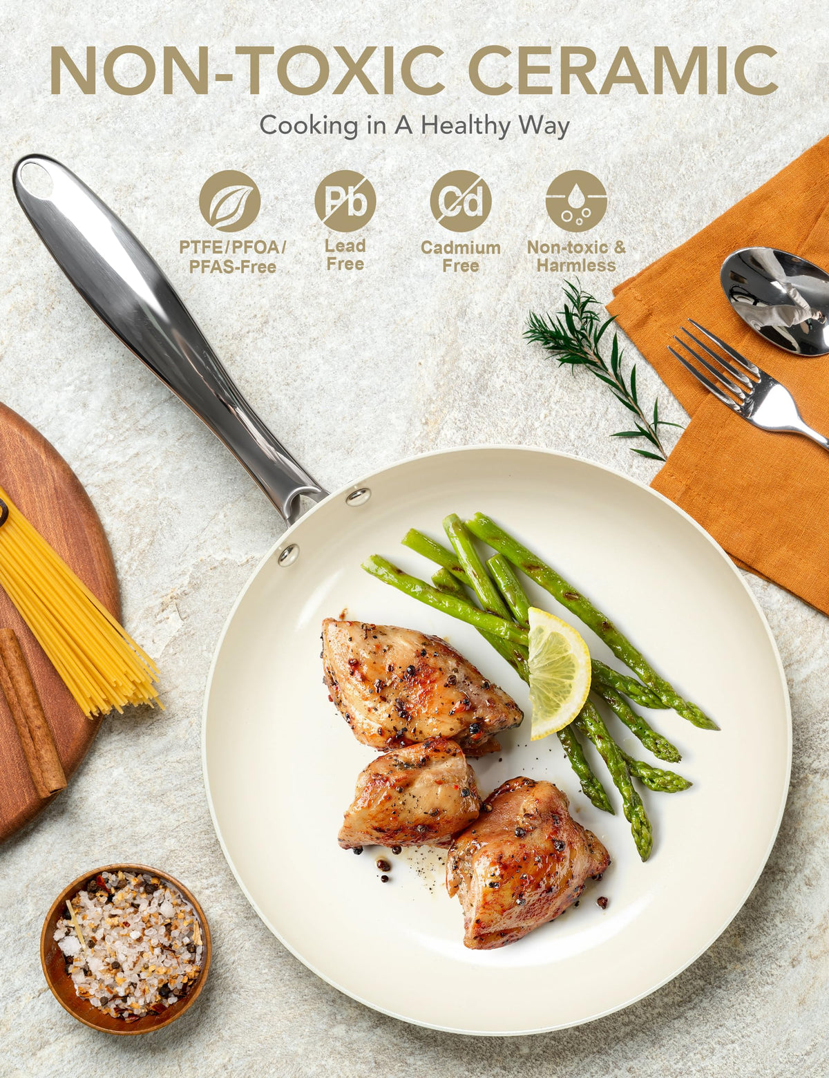 MICHELANGELO Frying Pan 30cm, Durable Ceramic Non-Stick Surface for Effortless Cooking, Oven & Induction Hob Safe, PFOA-Free, Cream White