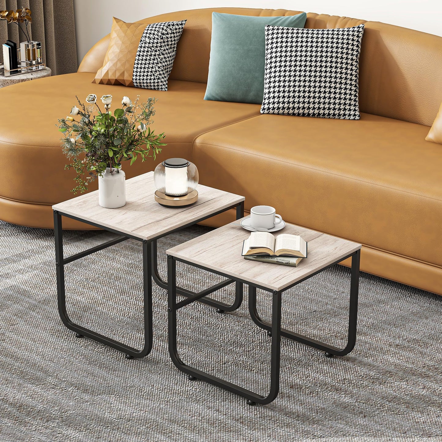 FOUBAM End Tables Set of 2 for Living Room,Small Coffee Table,Nesting Tables Couch Sofa Side Tables Metal Frame/Wood Look for Bedroom Office,Sturdy