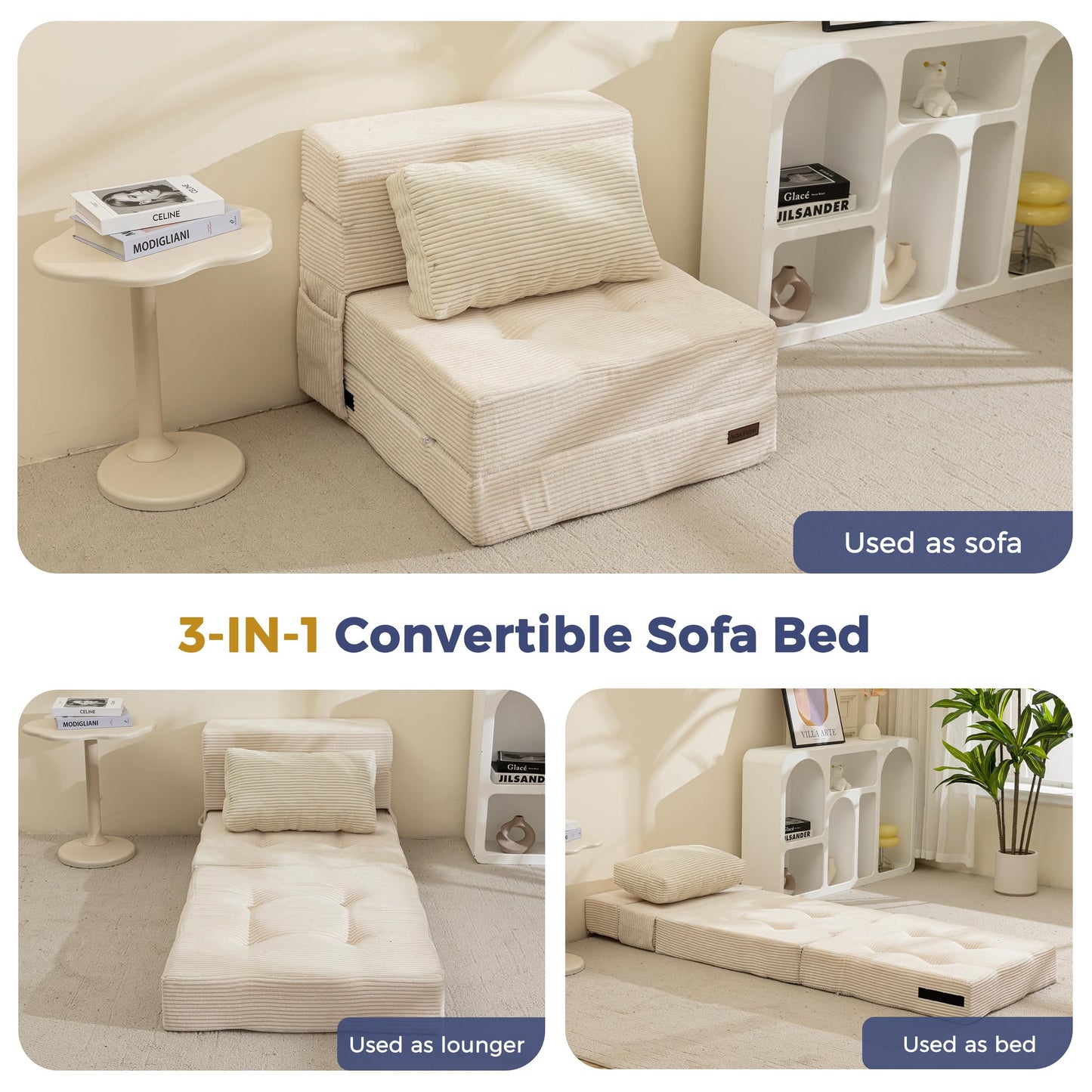 MAXYOYO Folding Foam Sofa Bed, Tri-Fold Mattress with 1 Pillow, Convertible Sofa Chair Futon Z Bed with 15cm Thincken Foam