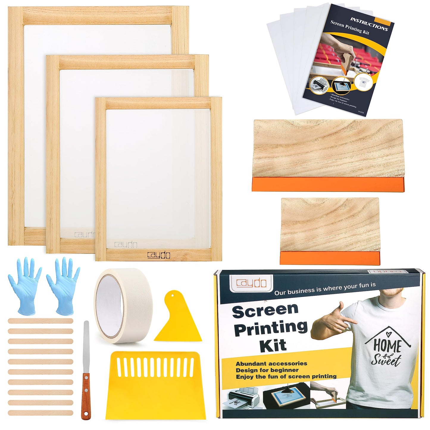 Caydo 23 Pieces Screen Printing Starter kit Include 3 Different Size of Wood Silk Screen Printing Frame with Mesh, Screen Printing Squeegees, Inkjet