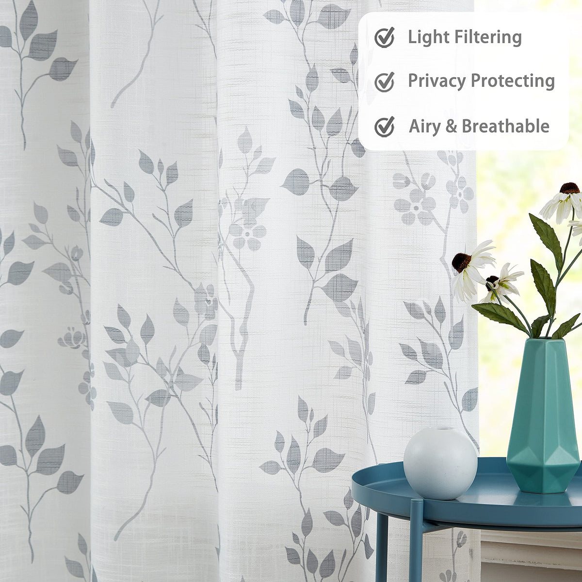 Beauoop Grey Semi Sheer Floral Curtains for Living Room 90 Drop Linen Textured Farmhouse Curtains for Bedroom Leaf Printed Eyelet Rustic Drapes Window