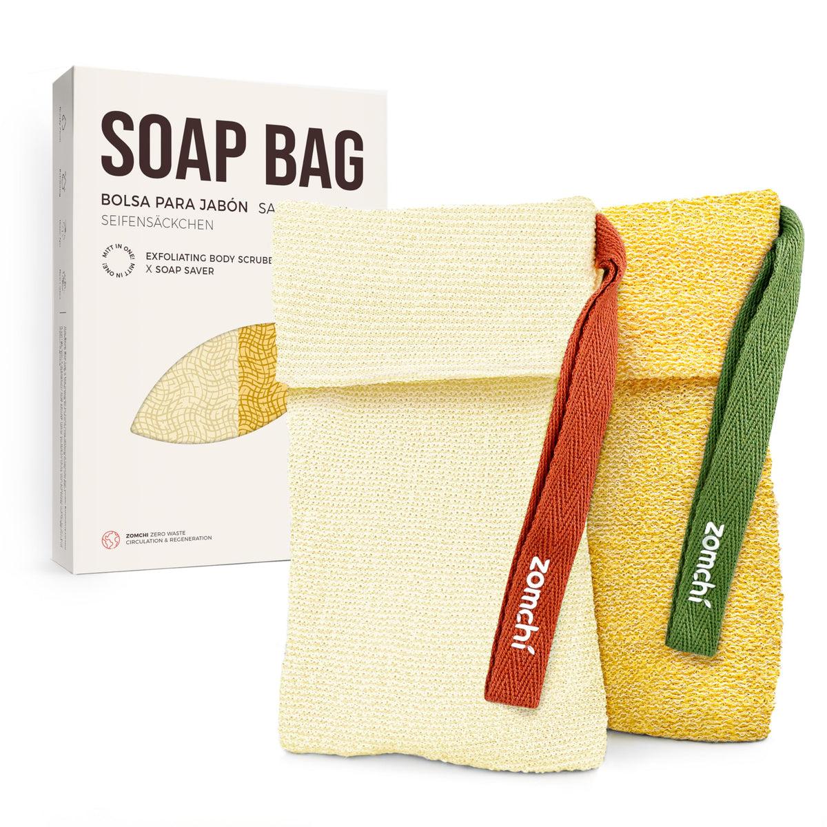 ZOMCHI Bar Soap Saver Bag with Different Roughness, Exfoliating Soap Bag for Body Wash (2 Pieces, Yellow)