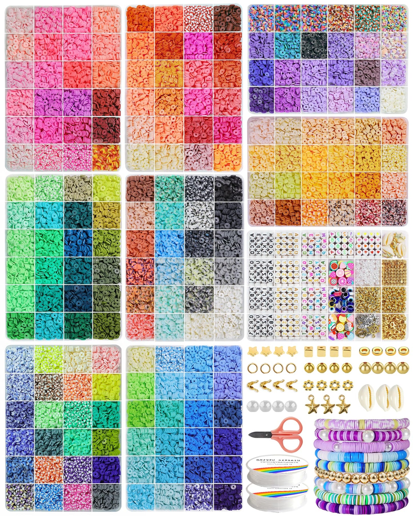 Fournine 30000 Pcs Clay Beads Bracelet Making Kit, 9 Boxes 192 Colors Friendship Bracelet Kit Flat Polymer Heishi Beads for Jewelry Making, Crafts