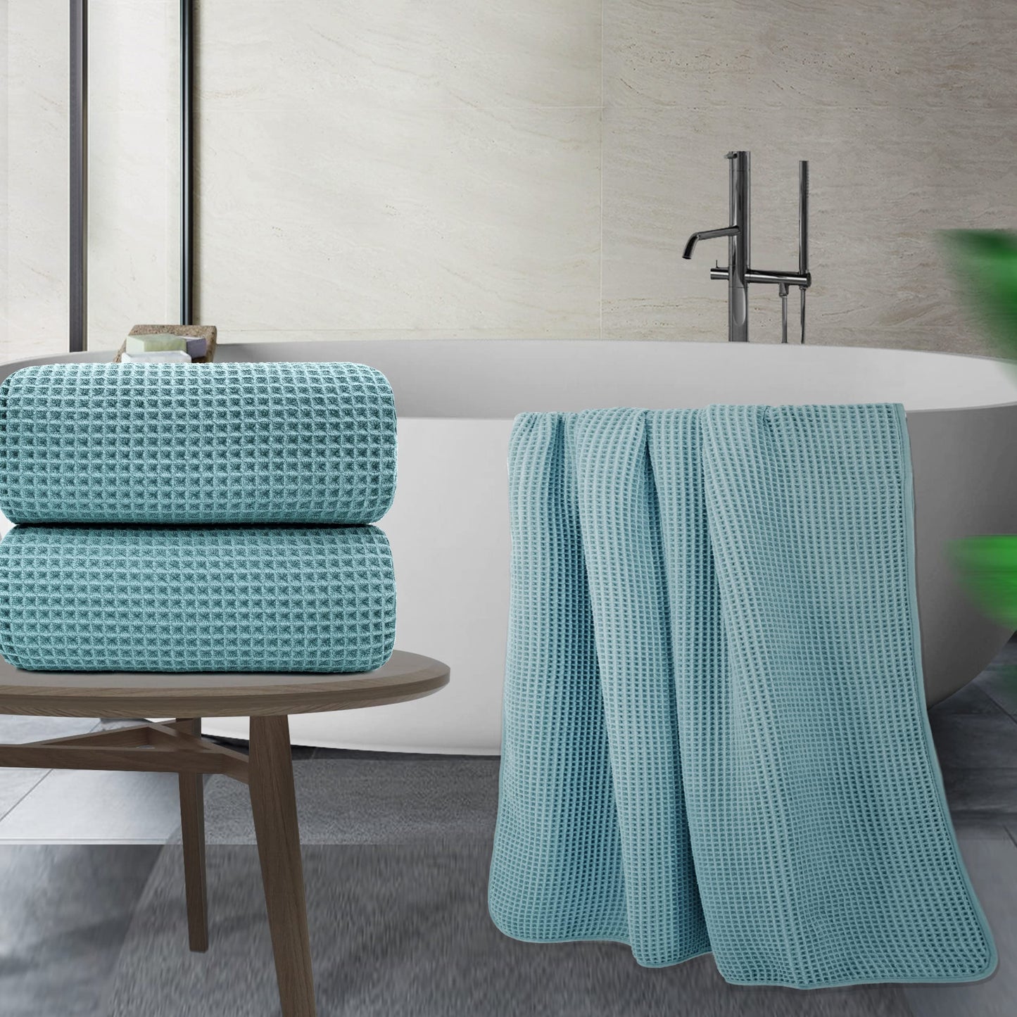 POLYTE Microfibre Quick Dry Lint Free Bath Sheet, 89 x 178 cm, Set of 2 (Green, Waffle Weave)