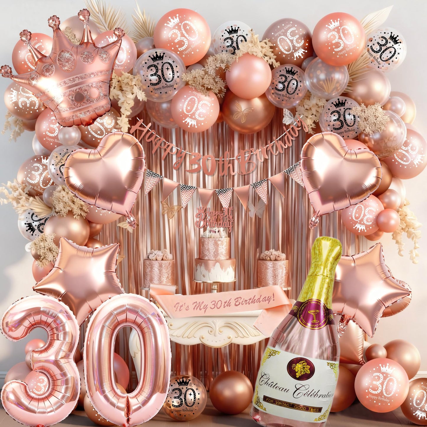 Rose Gold 30th Birthday Decoration for Women - Happy 30th Birthday Banner, Triangle Flag Banner, Number 30 Balloons, Foil Curtains for Party