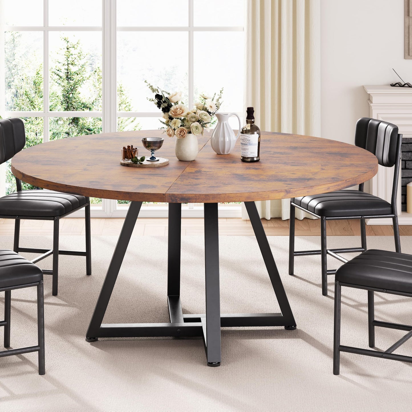Jocoevol Round Kitchen Dining Table for 2-4 People, Circle Dinner Table with Metal Frame, Space Saving Wood Industrial Furniture (Vintage, 42 inch