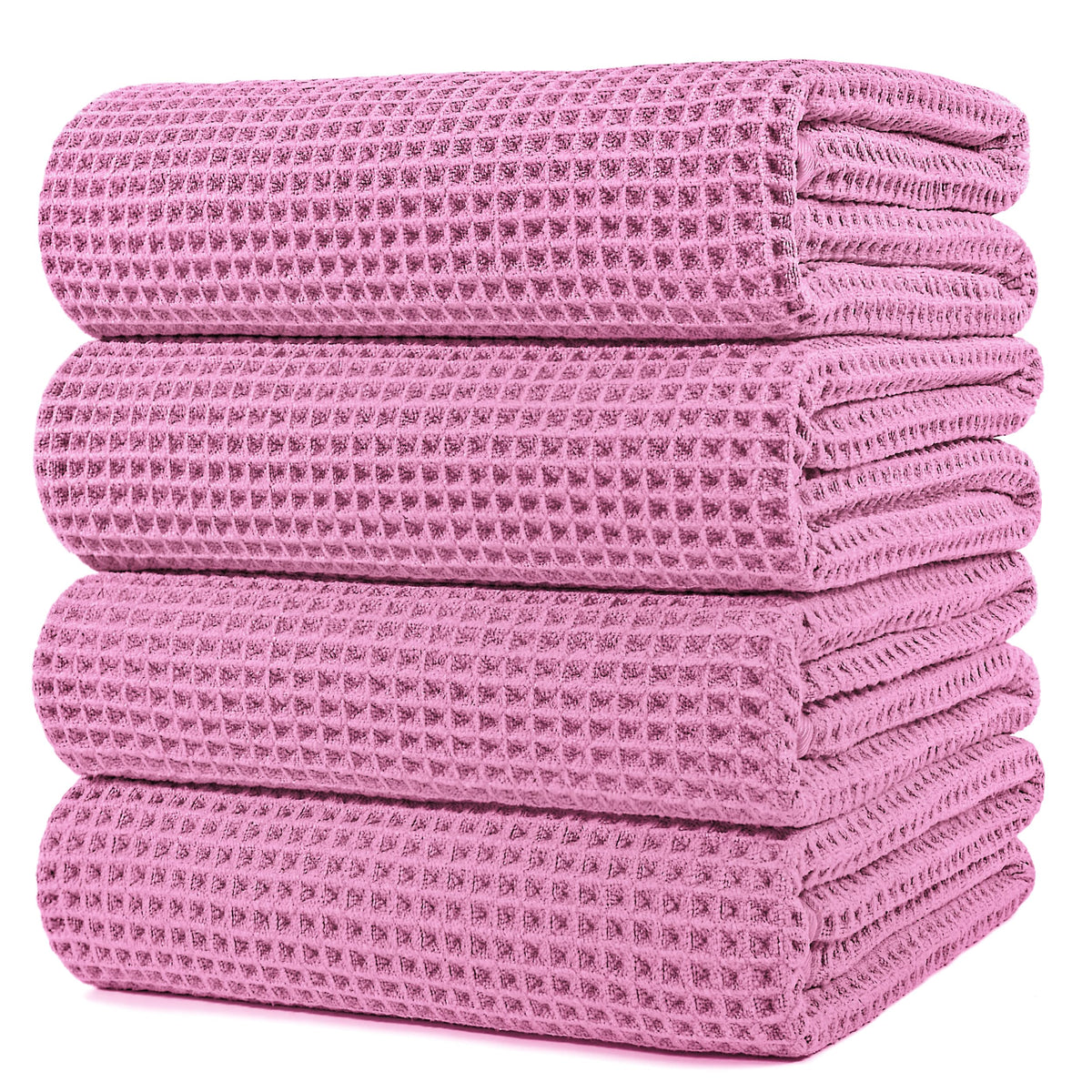 POLYTE Microfibre Oversize Quick Dry Lint Free Bath Towel, 152 x 76 cm, 4 Pack (Pink, Waffle Weave)