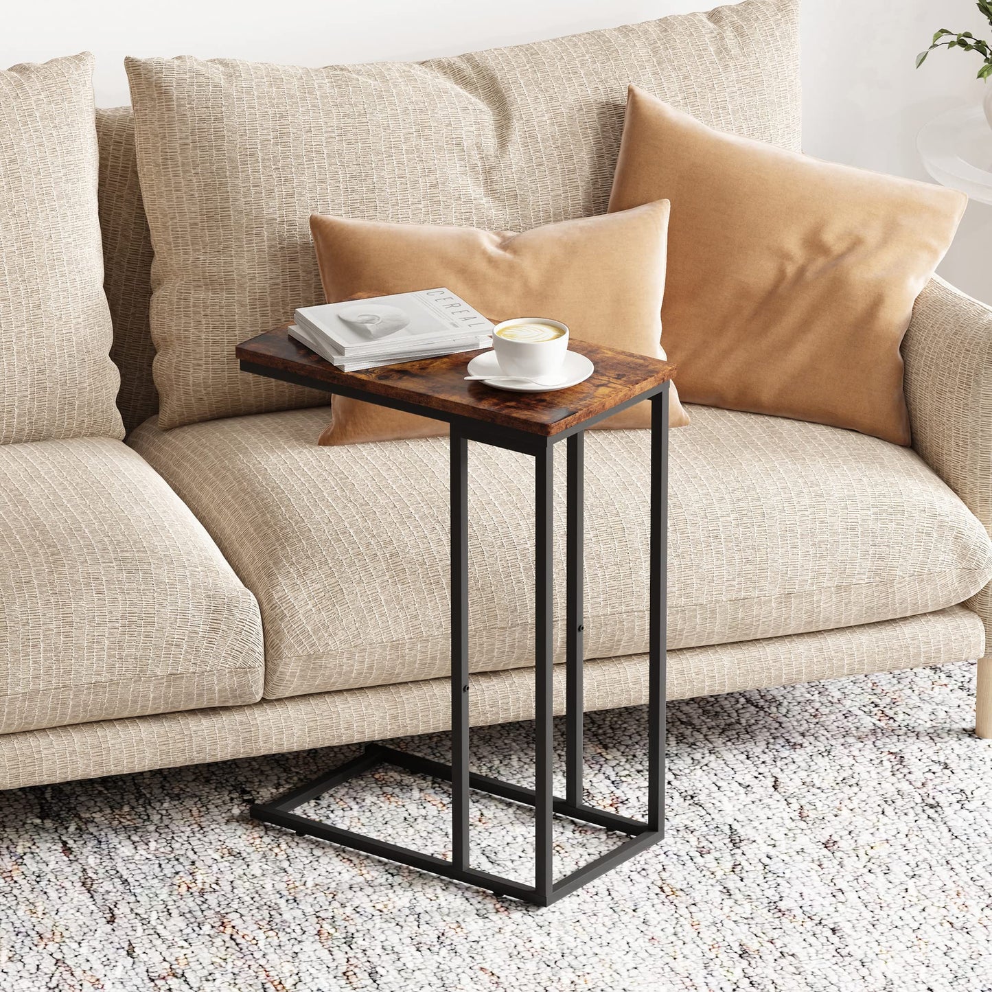 Yusong Small C Shaped End Table, Slim Narrow Couch Side Tables Slide Under Sofa Bed, Skinny Snack Tray Table for Coffee Laptop in Living Room, Rustic