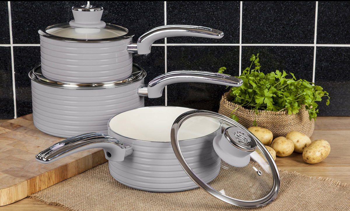 Swan SWPS3020GRN Retro Induction Saucepan Set With Glass Lids, Non Stick Ceramic Coating, Easy to Clean, Grey, 3 Piece, 16/18/20 cm