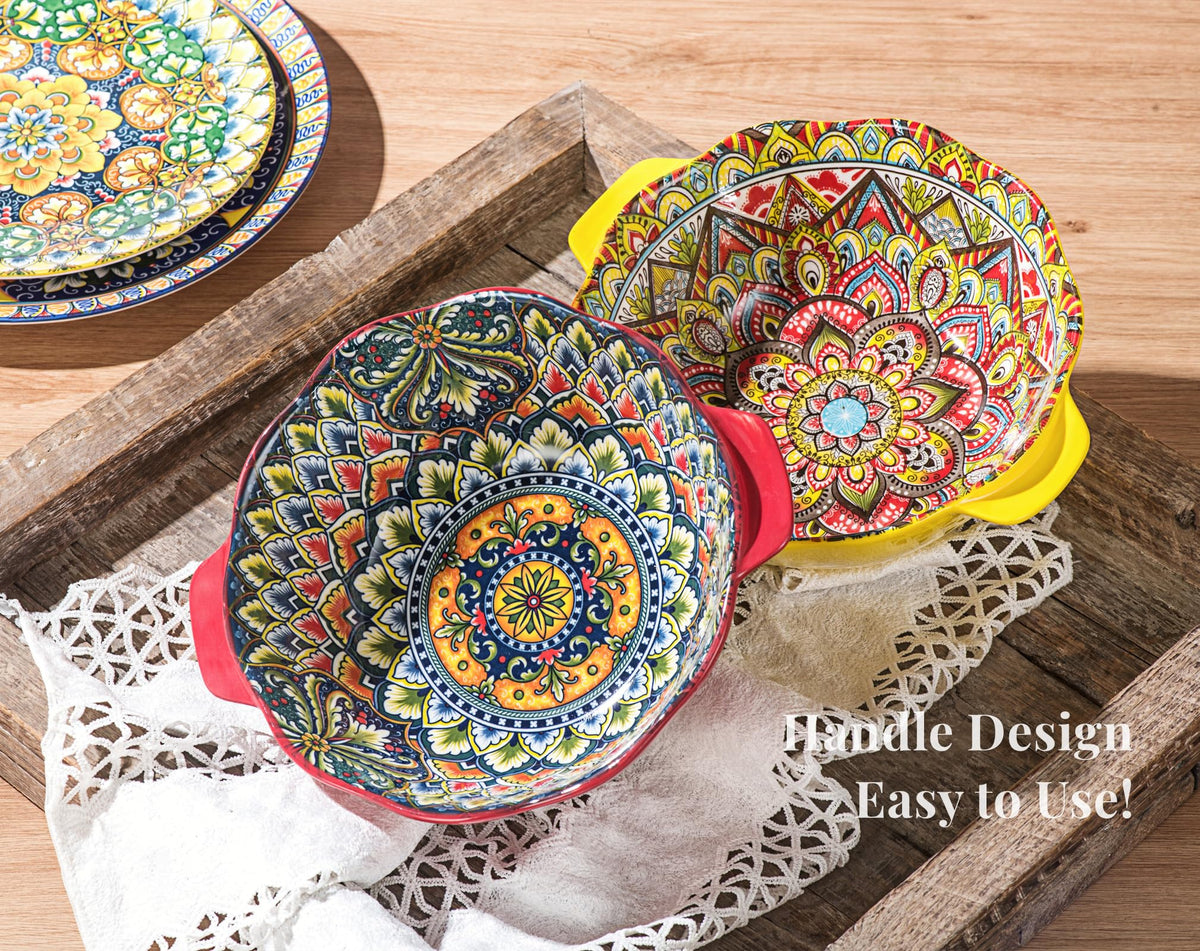 Salad Bowl with Handle, Large Porcelain Serving Bowls Set of 2-49 Oz, 1450ml Bohemian Ceramic Bowl for Ramen/Soup/Fruit/Salad, Colourful Bowl Set -